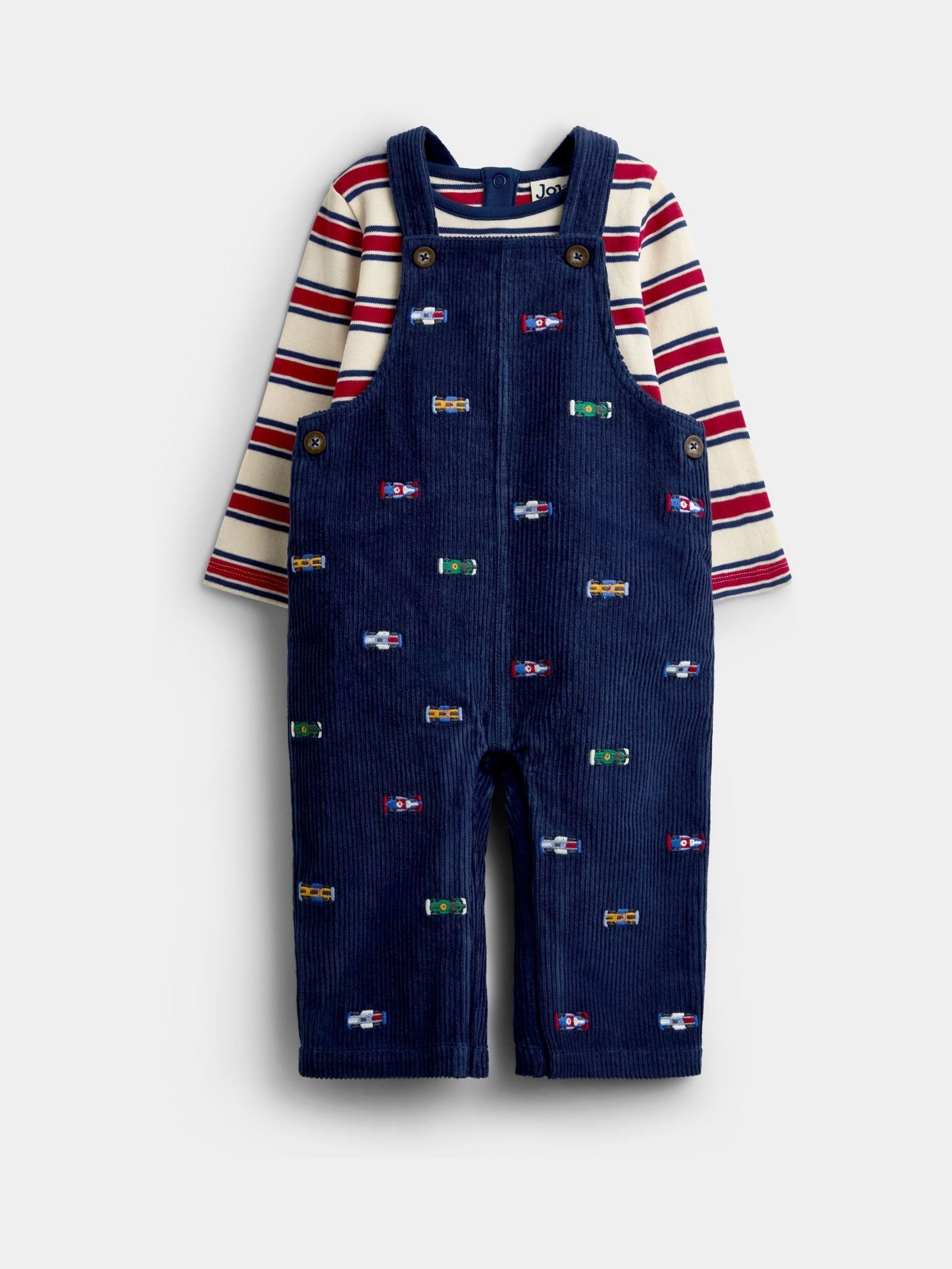 Navy Blue Race Car Embroidered Dungaree & Bodysuit Set - Image 1 of 6