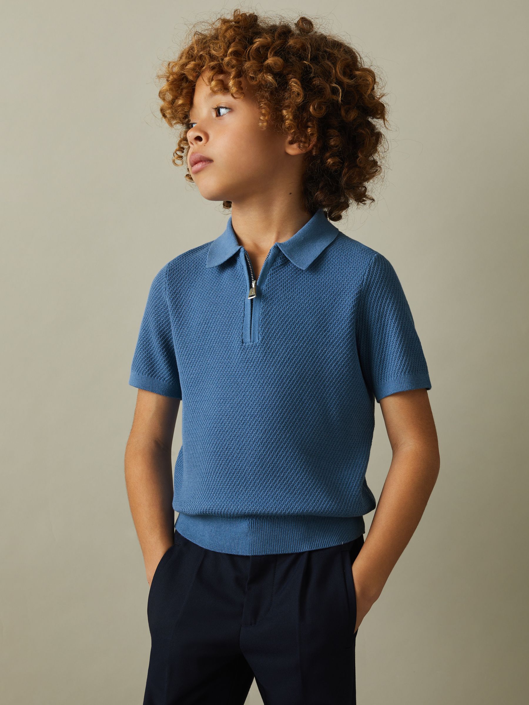 Teen Textured Quarter Zip Polo Shirt in Blue - Image 2 of 5 Teen Textured Quarter Zip Polo Shirt in Blue - Image 2 of 5