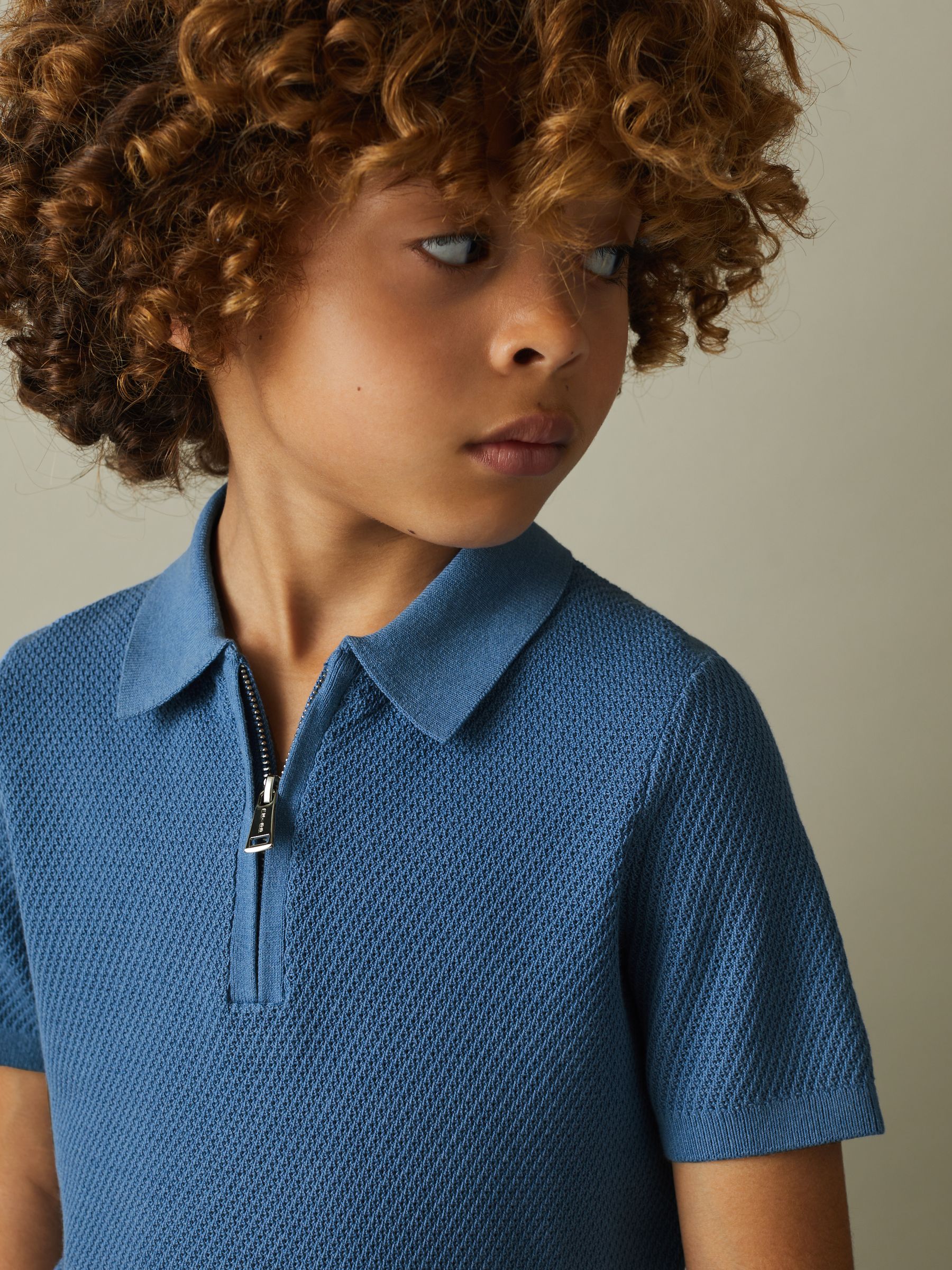Teen Textured Quarter Zip Polo Shirt in Blue - Image 4 of 5