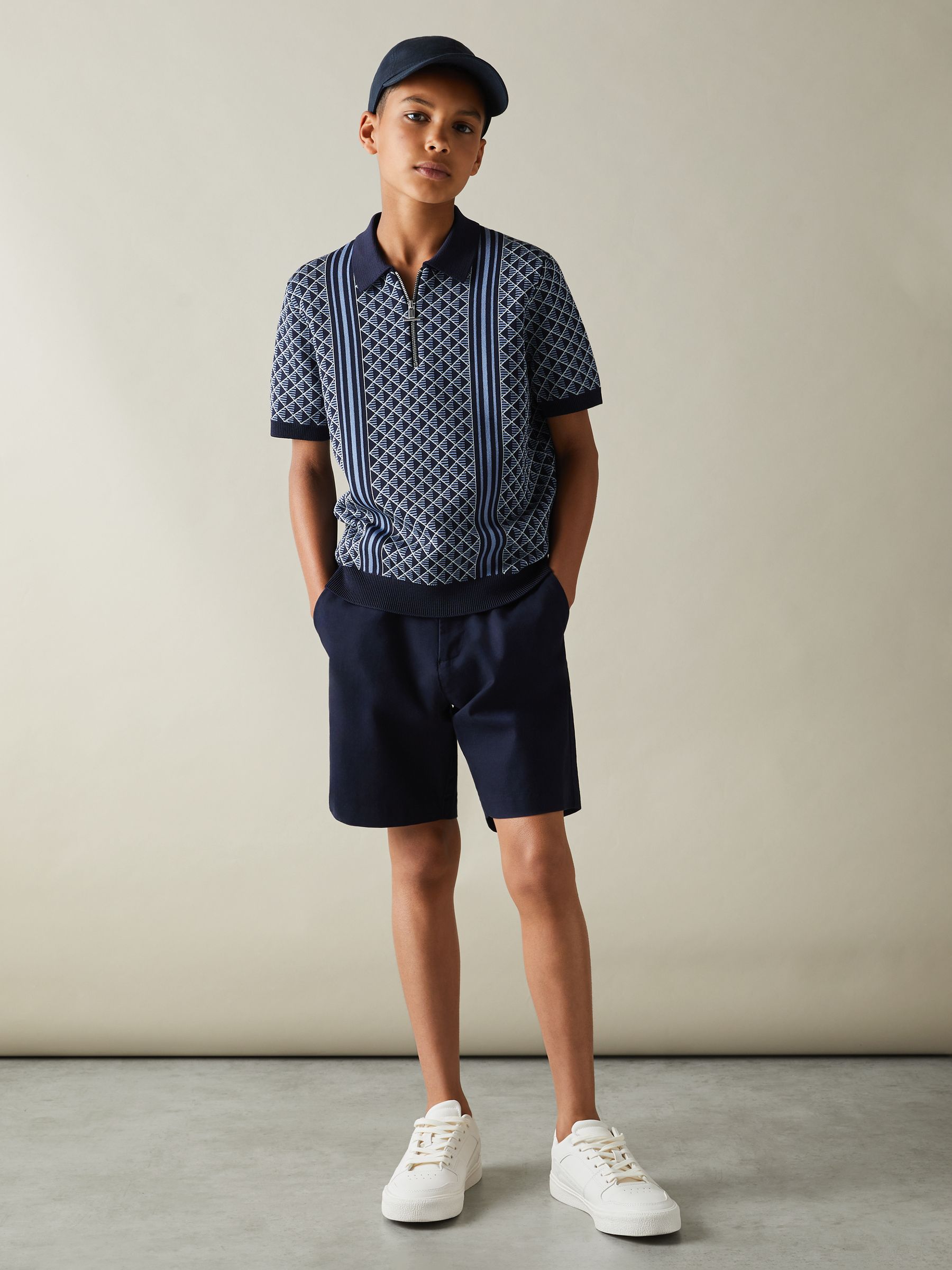 3-9 yrs Diamond Stitch Half-Zip Polo Shirt in Navy/Airforce Blue - Image 1 of 4