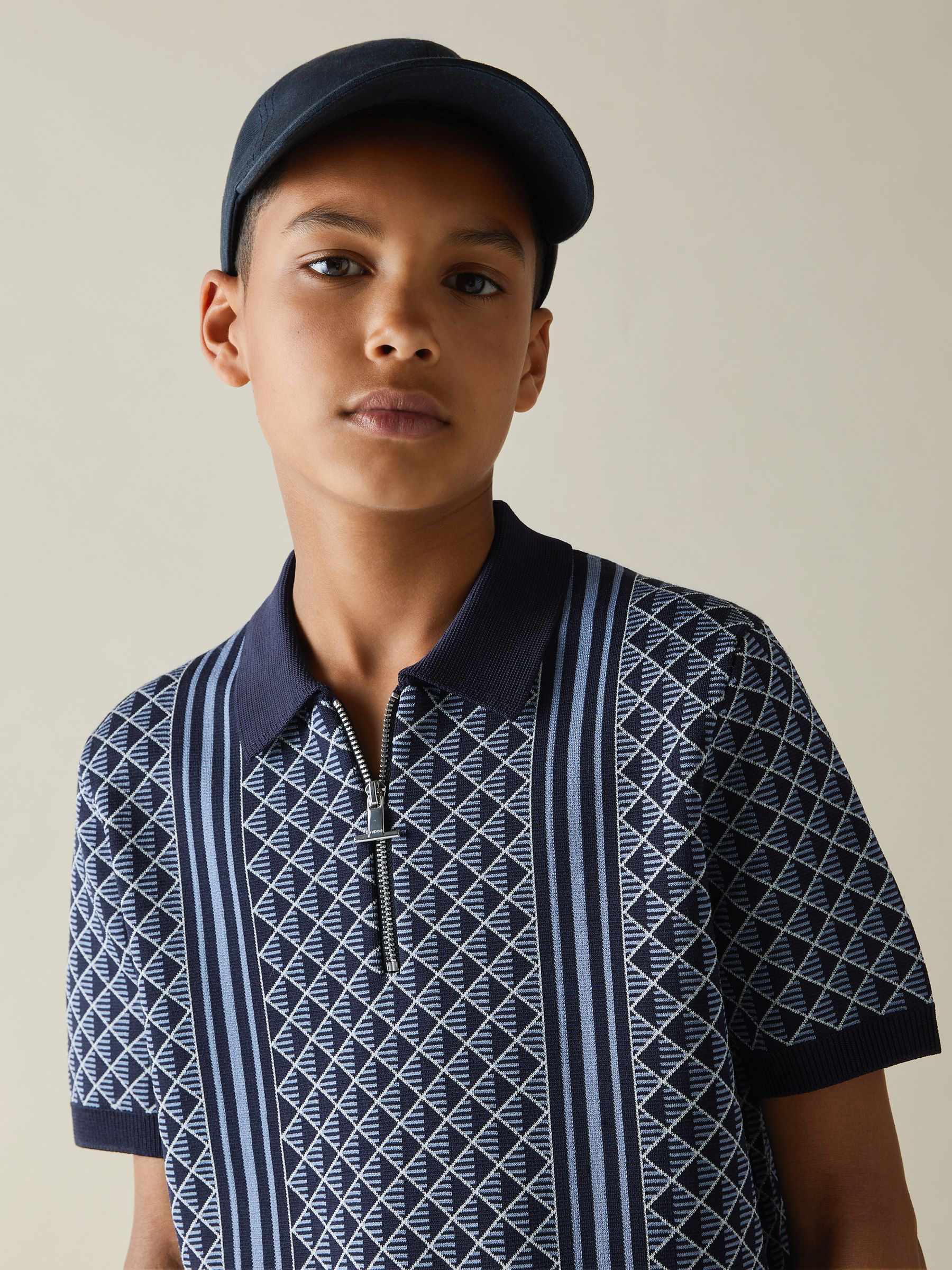 3-9 yrs Diamond Stitch Half-Zip Polo Shirt in Navy/Airforce Blue - Image 3 of 4