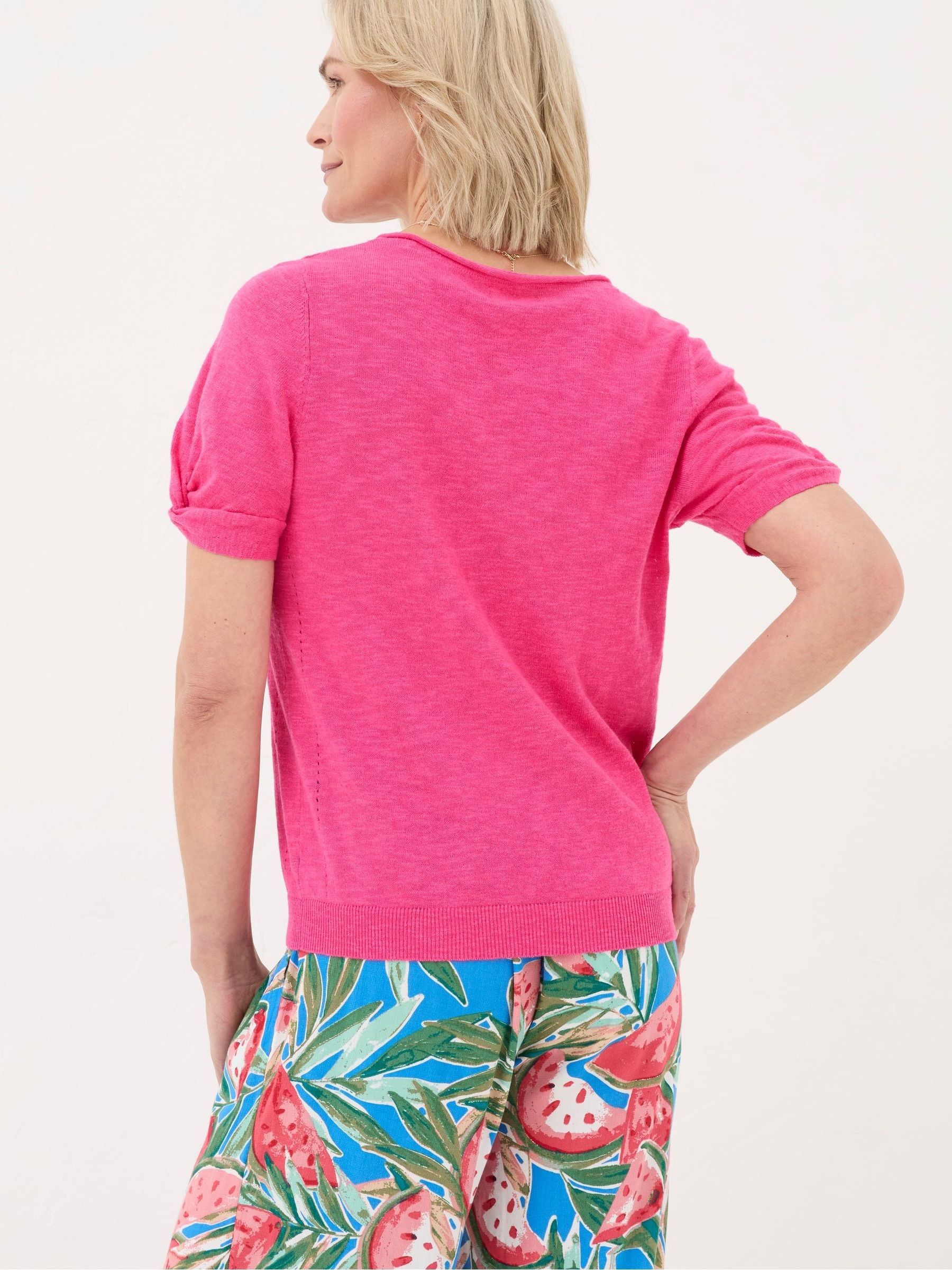 Pink Twisted Cuff Knit Cotton/Linen Mix T-Shirt - Image 2 of 4