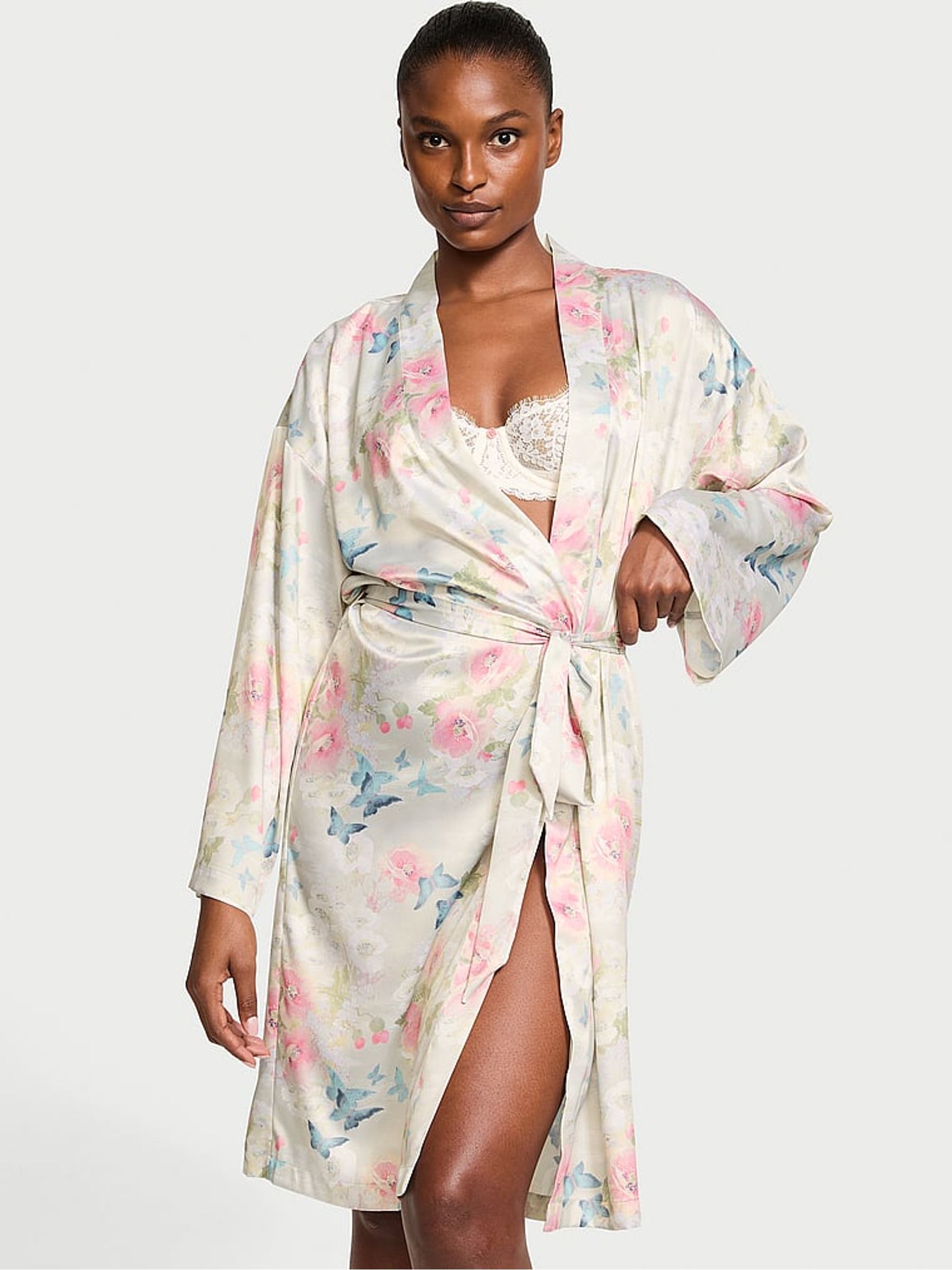 Pink Delicate Garden Print Satin Midi Robe - Image 1 of 3