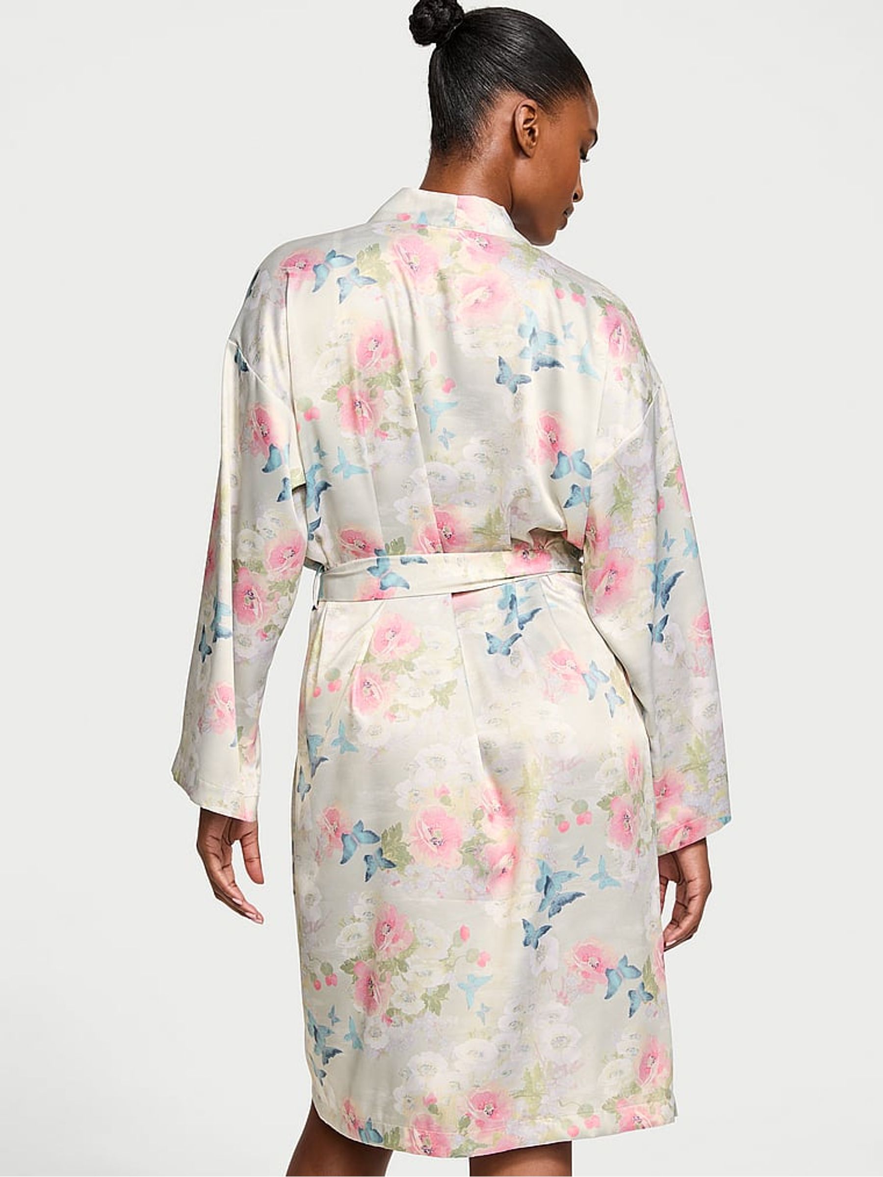 Pink Delicate Garden Print Satin Midi Robe - Image 2 of 3