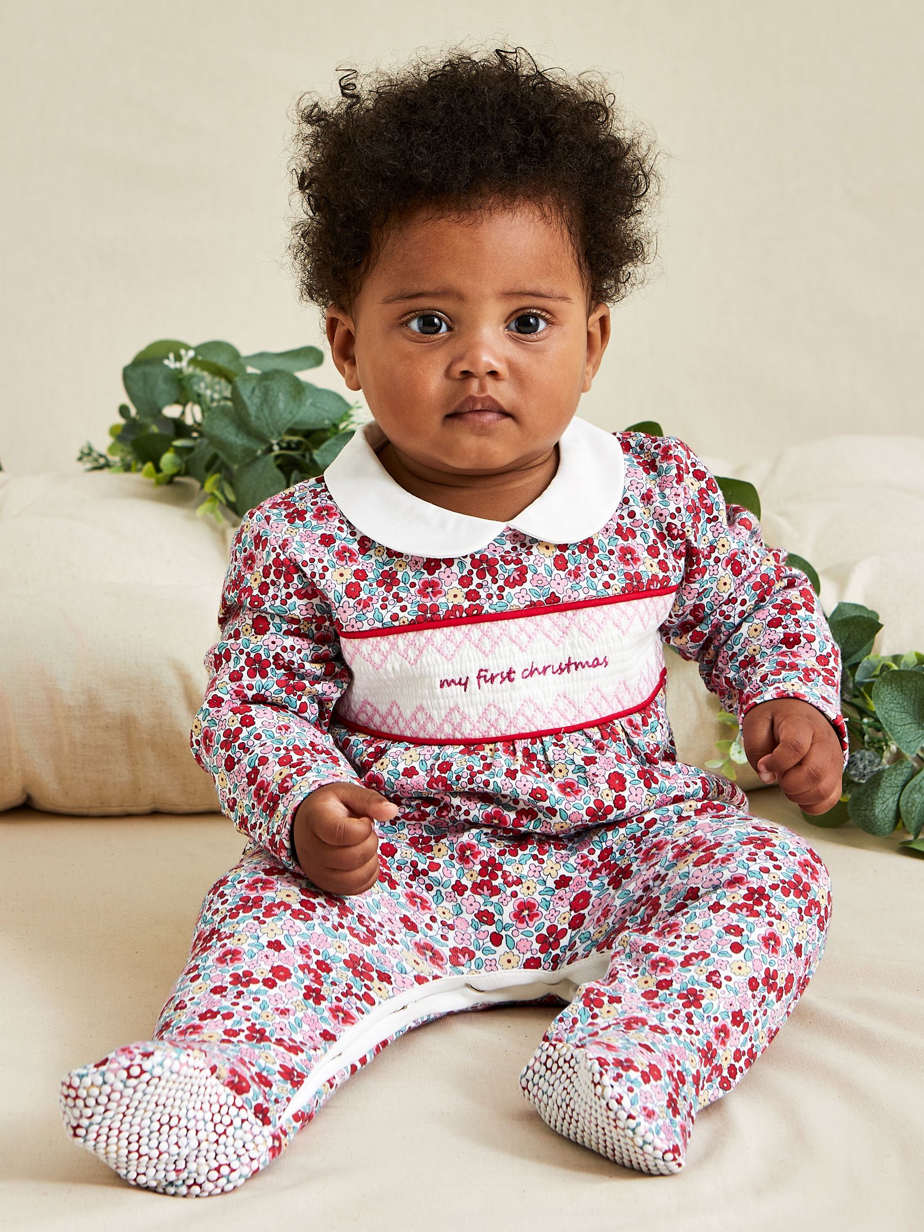 Red Floral My First Christmas Smocked Sleepsuit & Hat Set | JoJo