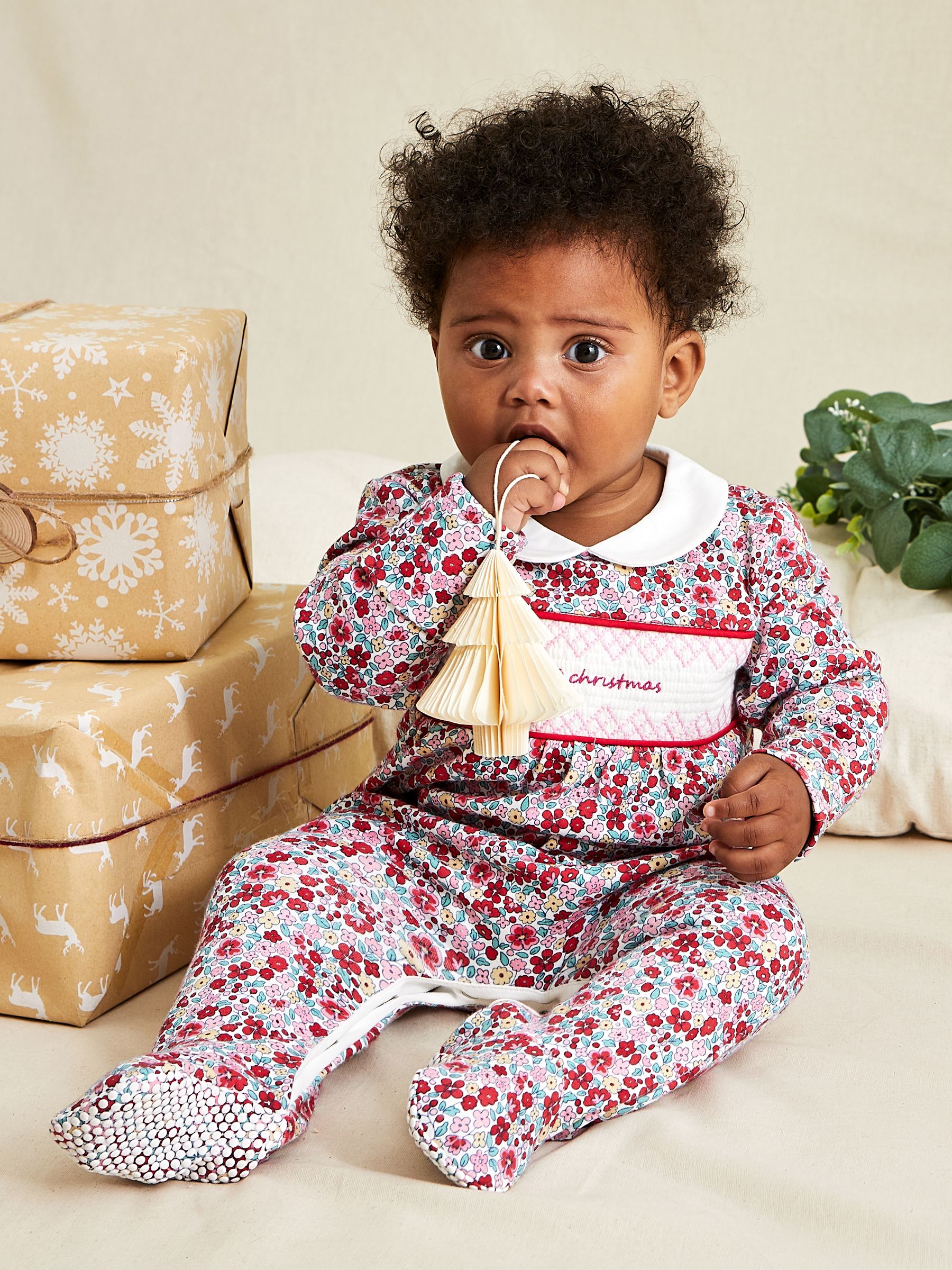 Red Floral My First Christmas Smocked Sleepsuit & Hat Set - Image 2 of 7