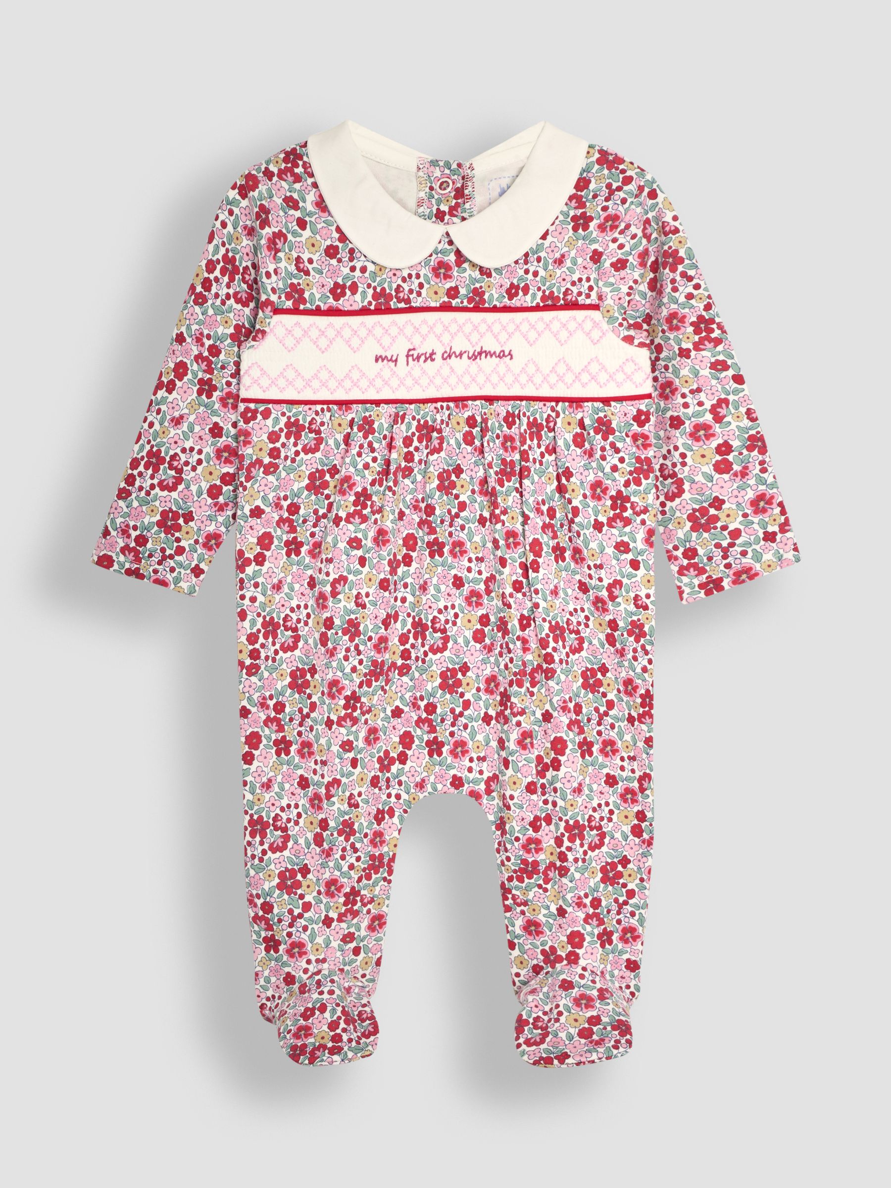 Red Floral My First Christmas Smocked Sleepsuit & Hat Set - Image 4 of 7