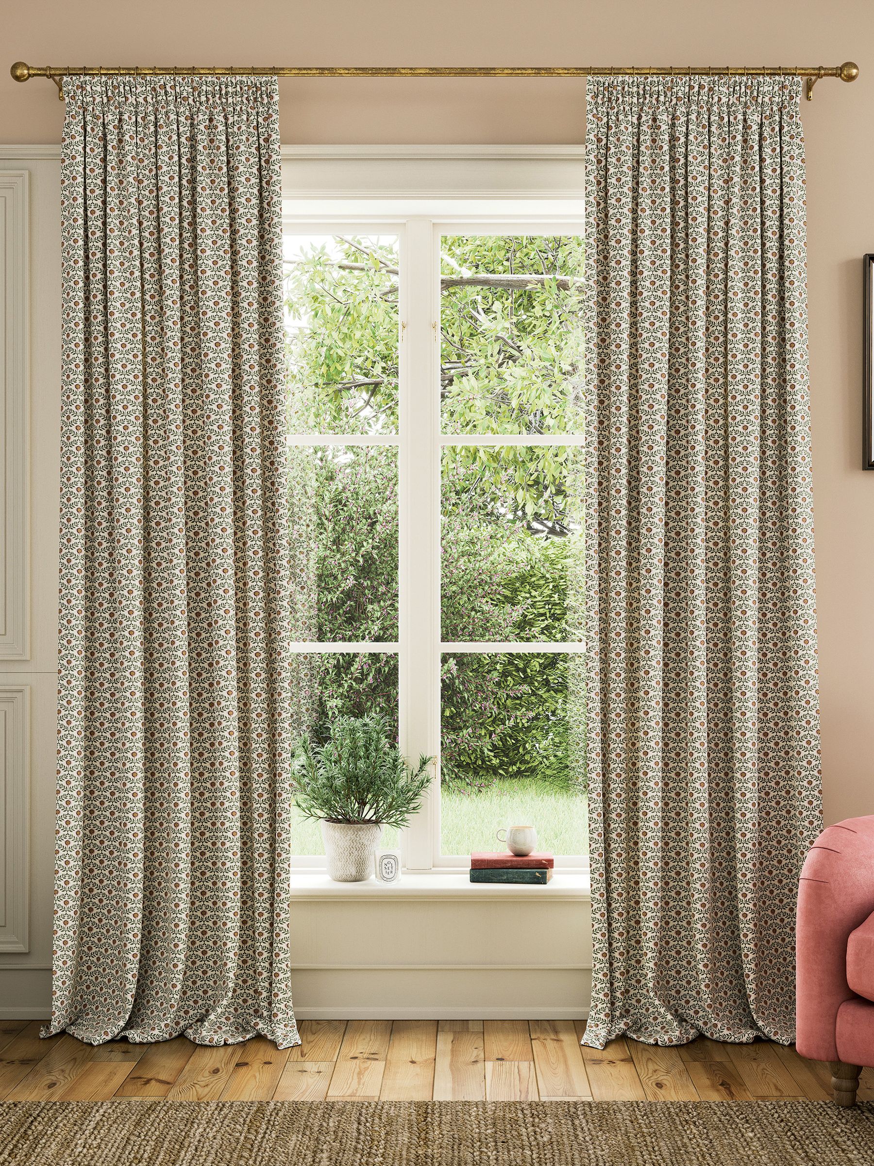 Creme/Green Floral Foulard Lined Pencil Pleat Curtains - Image 1 of 3