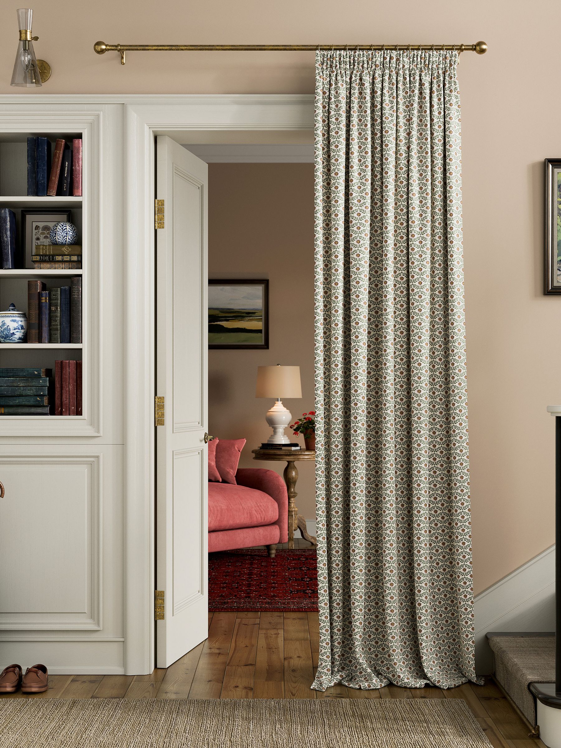 Creme/Green Floral Foulard Lined Pencil Pleat Curtains - Image 2 of 3 Creme/Green Floral Foulard Lined Pencil Pleat Curtains - Image 2 of 3