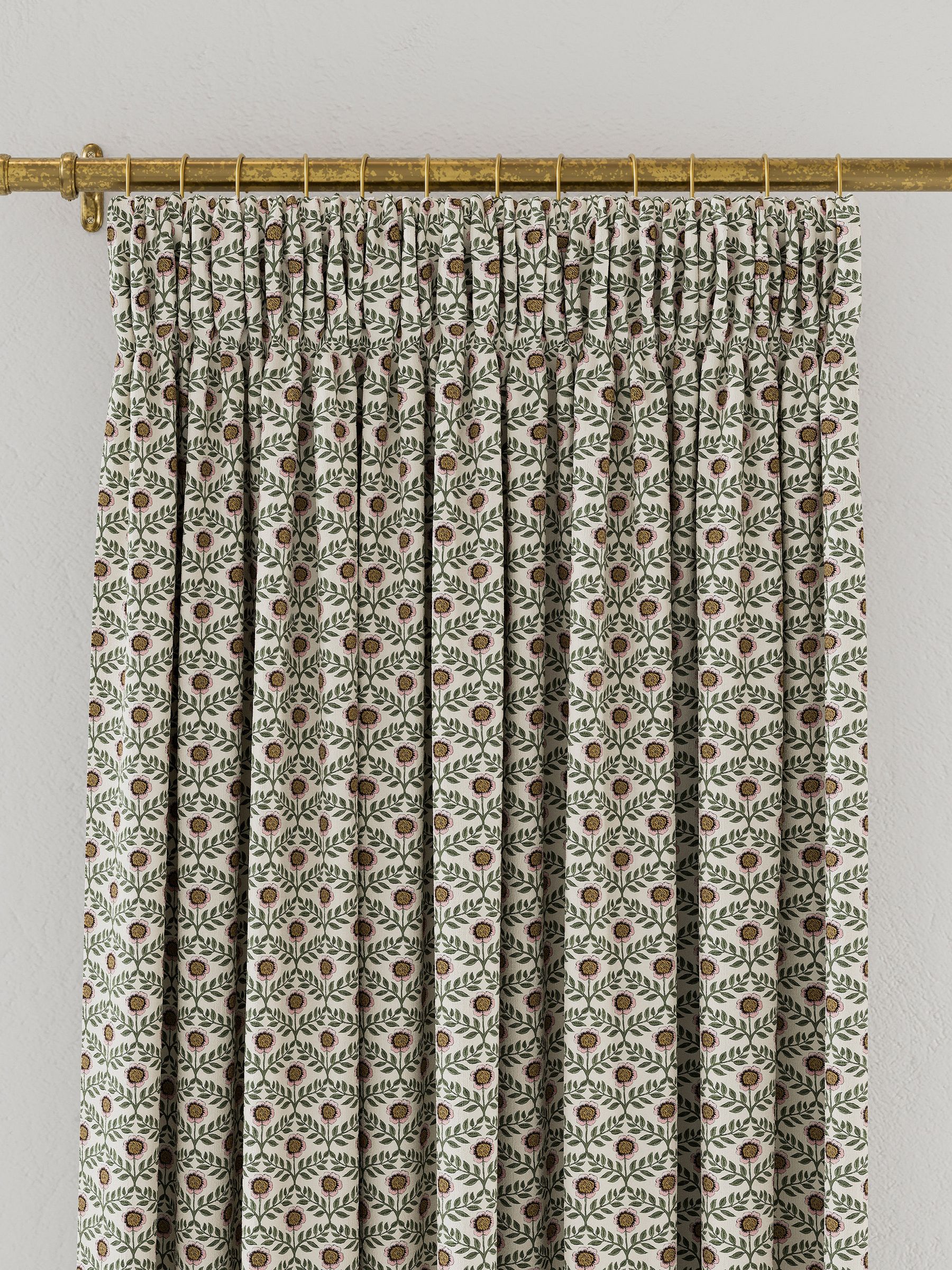 Creme/Green Floral Foulard Lined Pencil Pleat Curtains - Image 3 of 3
