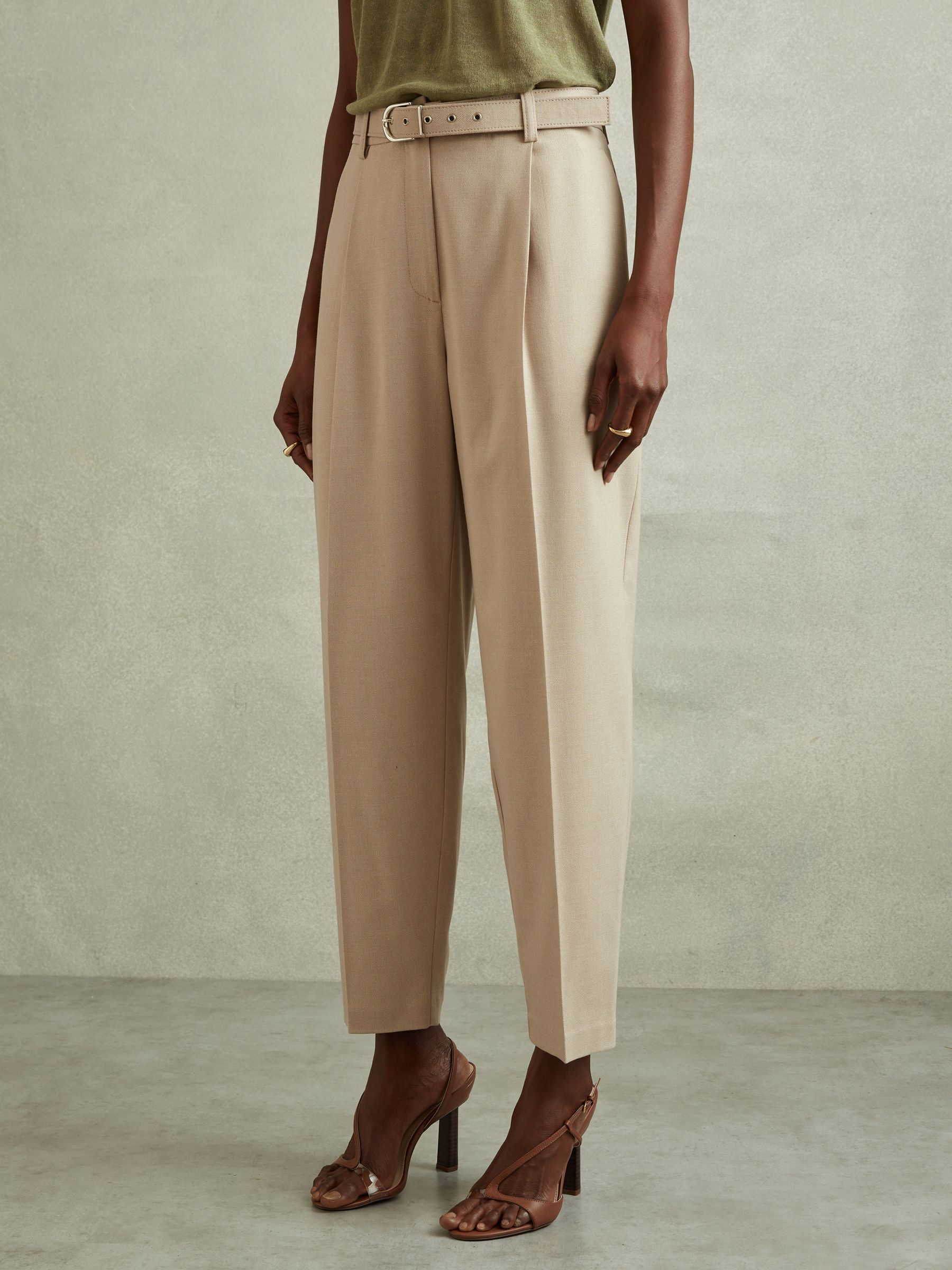 Petite Tapered Belted Trousers in Neutral - Image 1 of 7