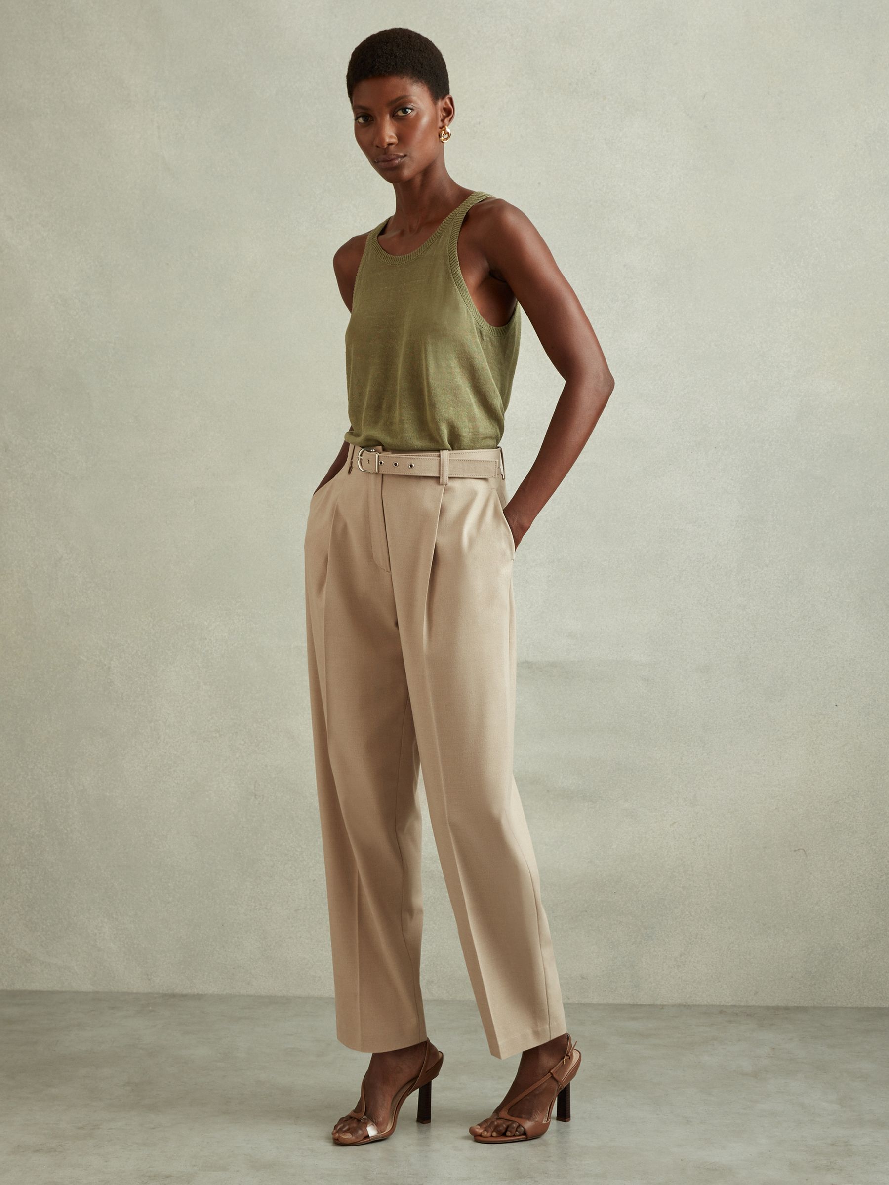 Petite Tapered Belted Trousers in Neutral - Image 3 of 7
