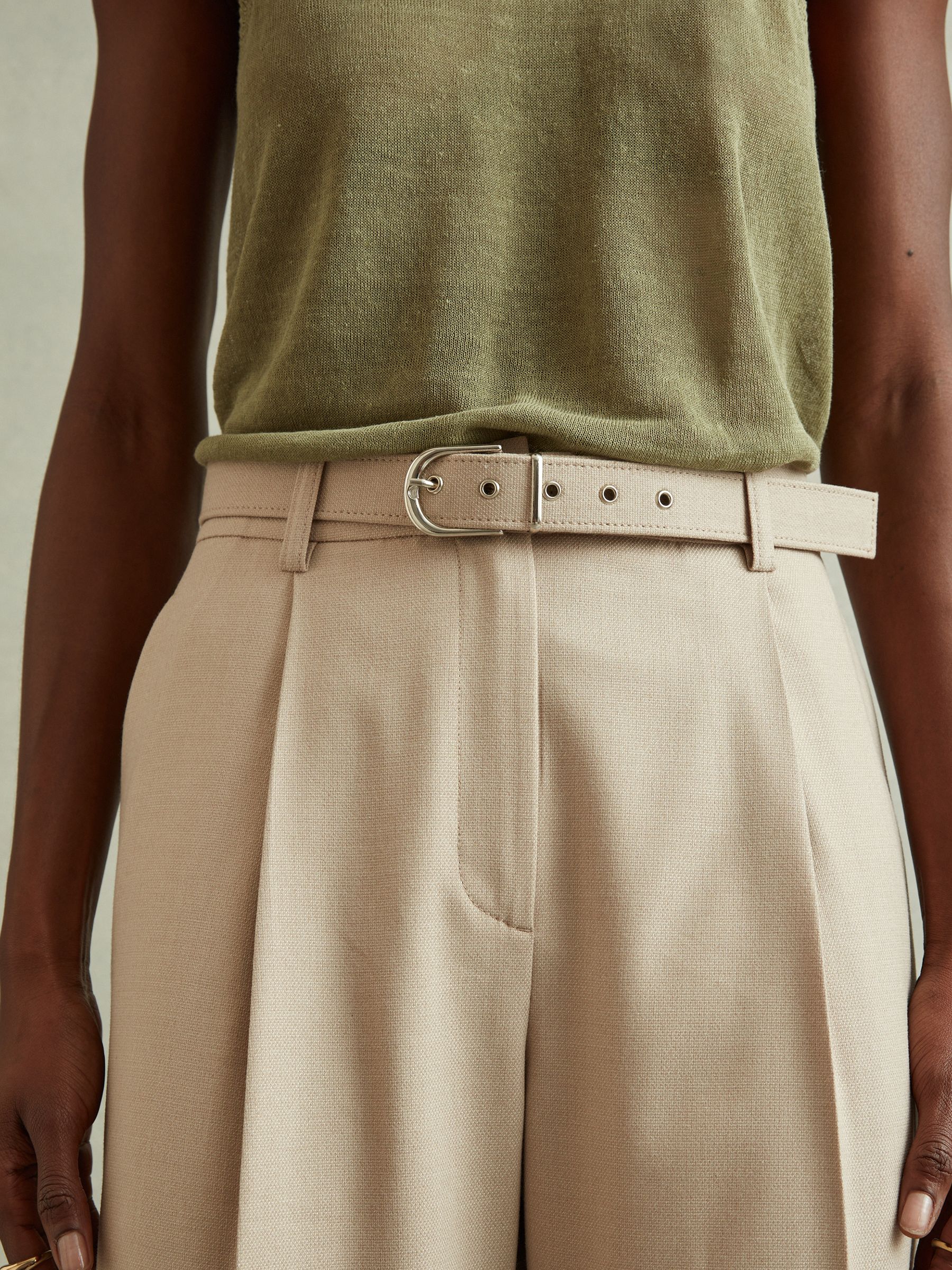 Petite Tapered Belted Trousers in Neutral - Image 4 of 7