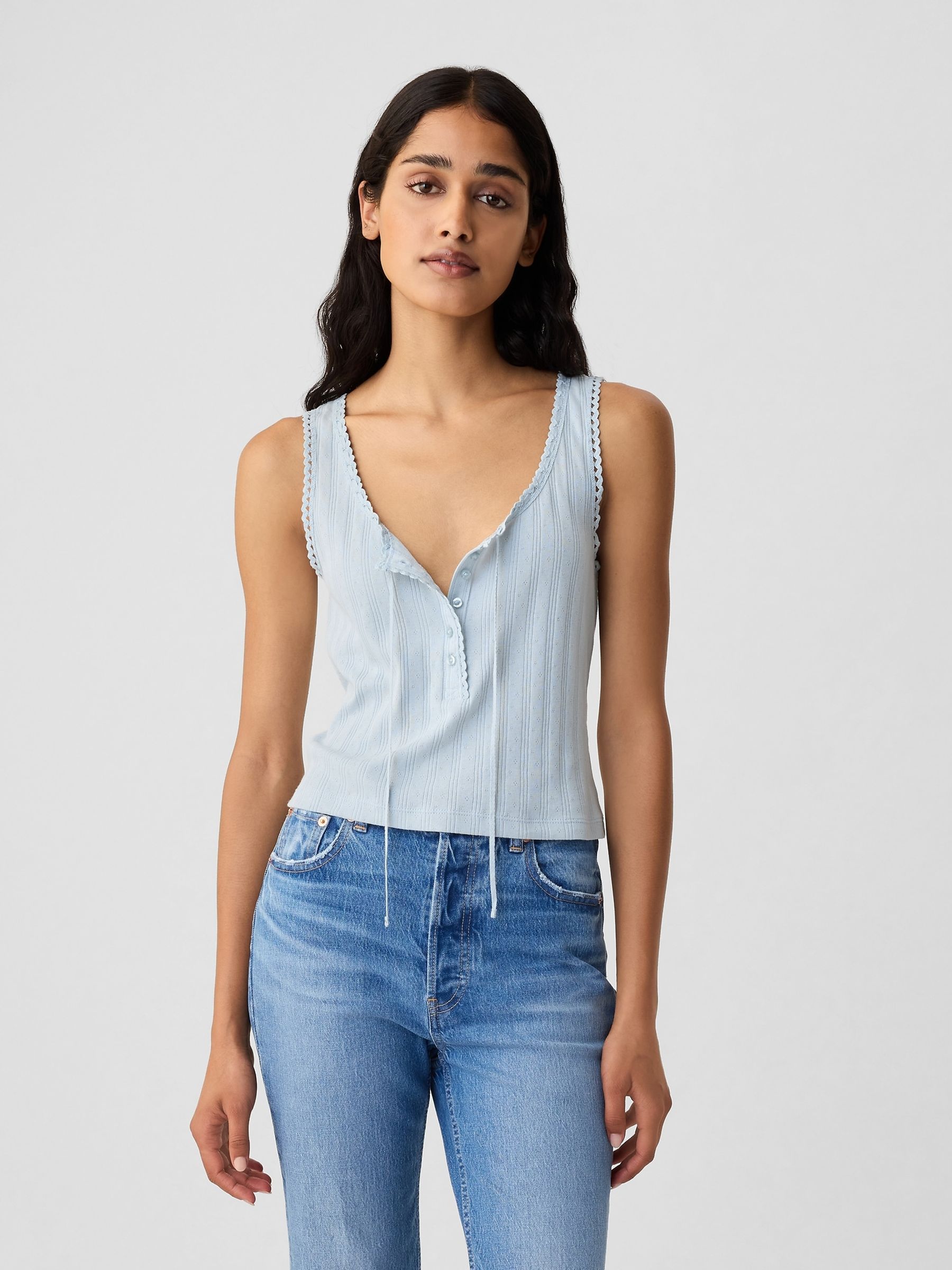 Blue DÔEN Pointelle Sleeveless Vest - Image 1 of 5