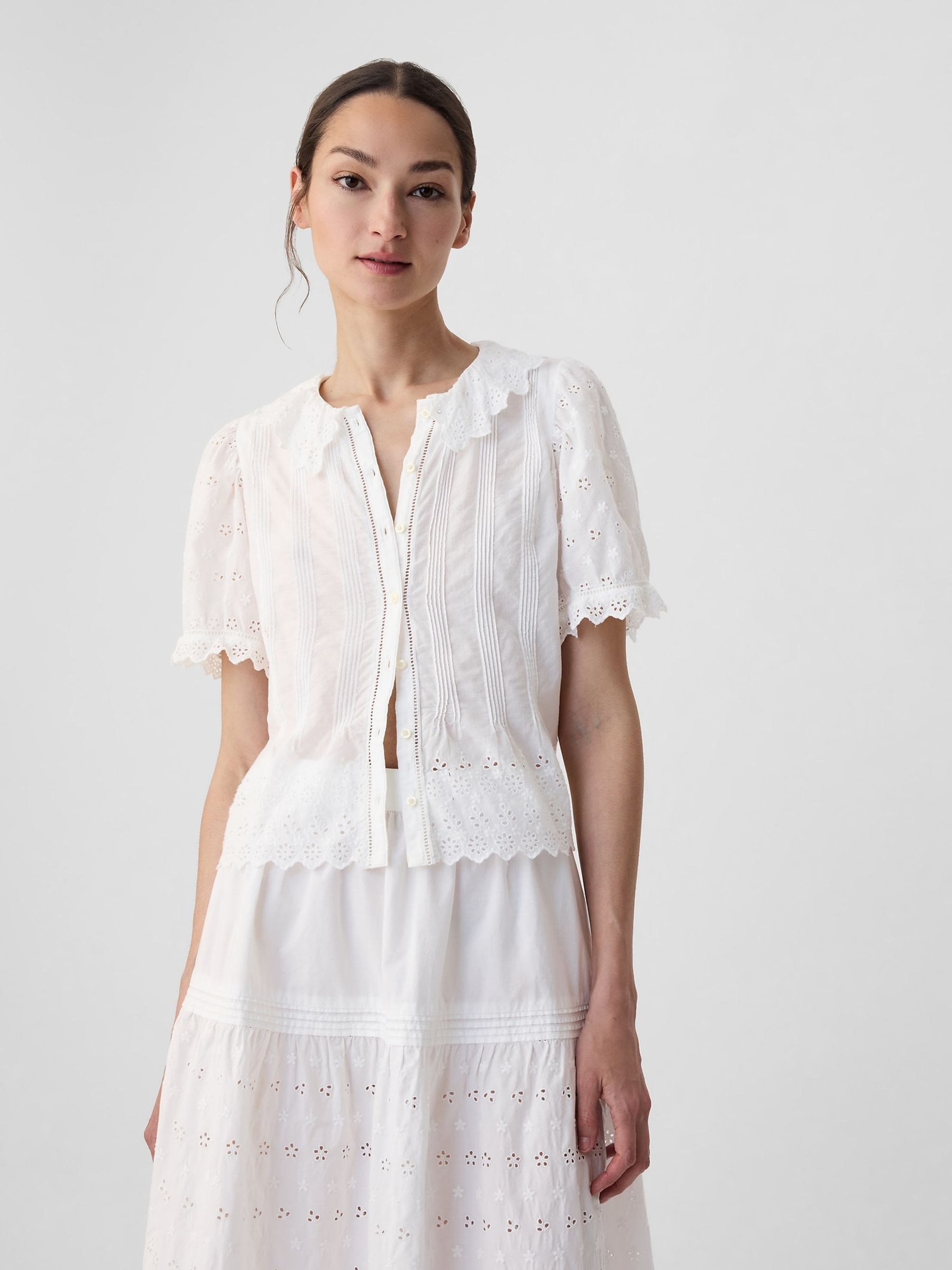 White DÔEN Cropped Eyelet Short Sleeve Blouse - Image 1 of 5