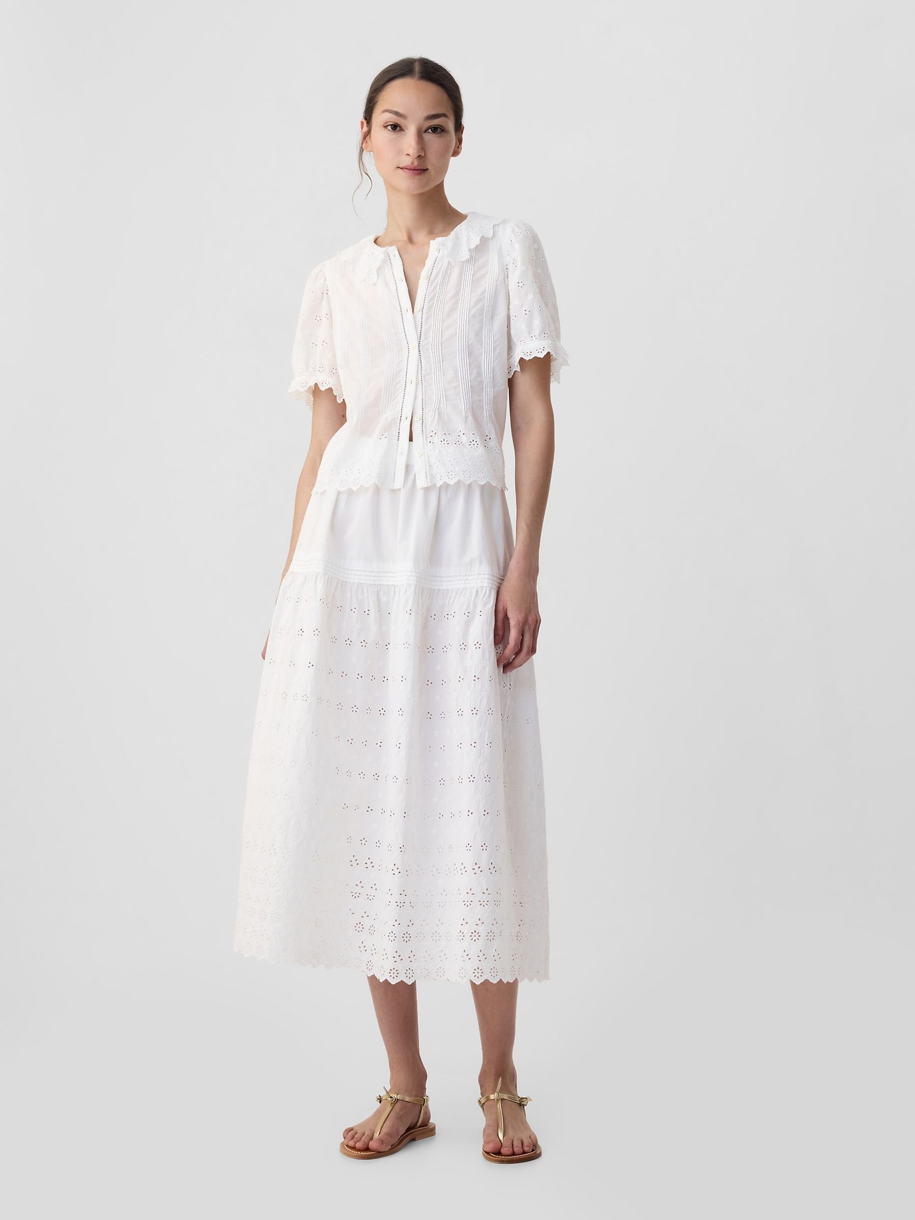 White DÔEN Cropped Eyelet Short Sleeve Blouse - Image 3 of 5