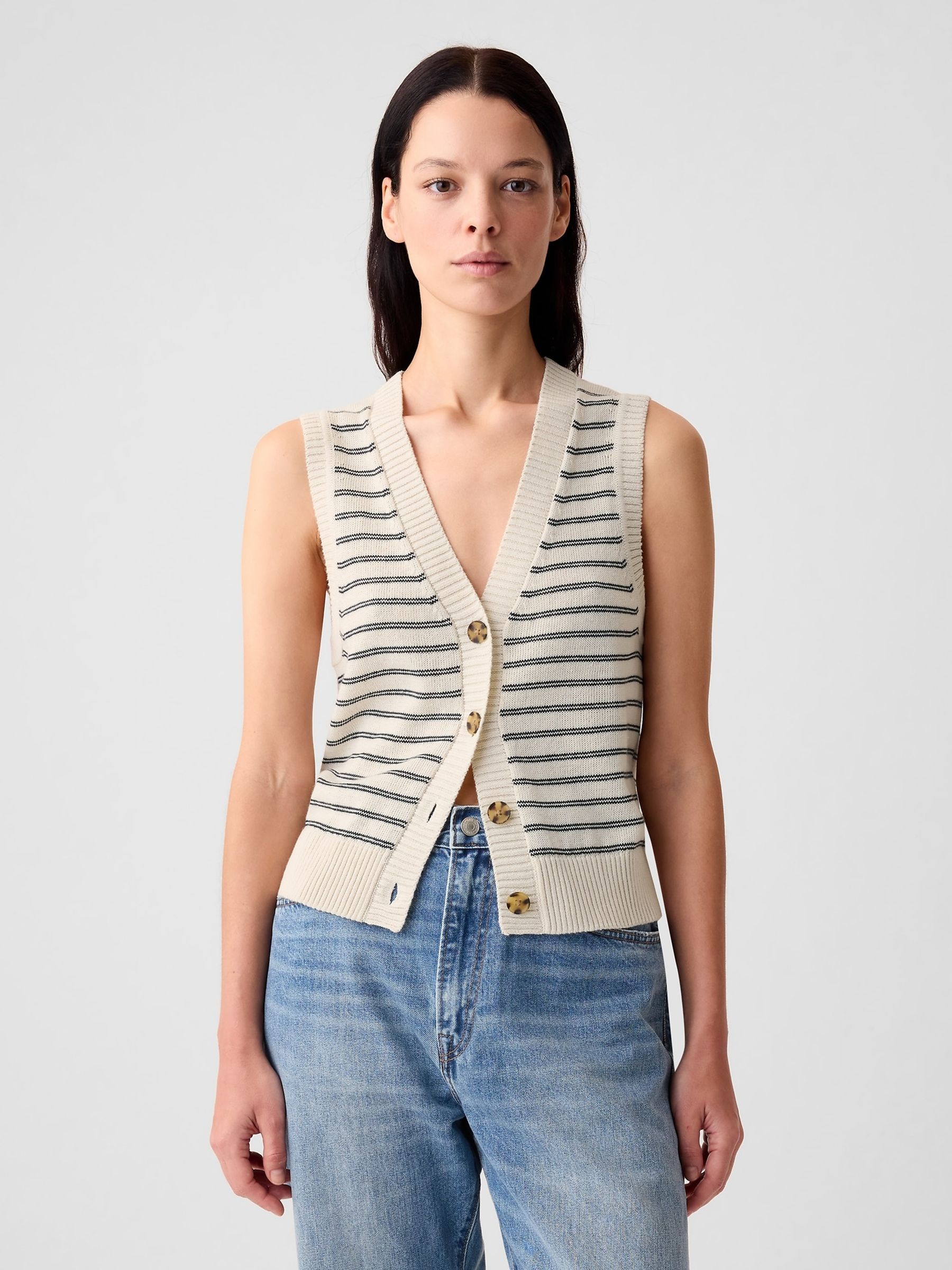 Beige/Neutral Stripe Linen Blend Soft Knitted Waistcoat - Image 1 of 5