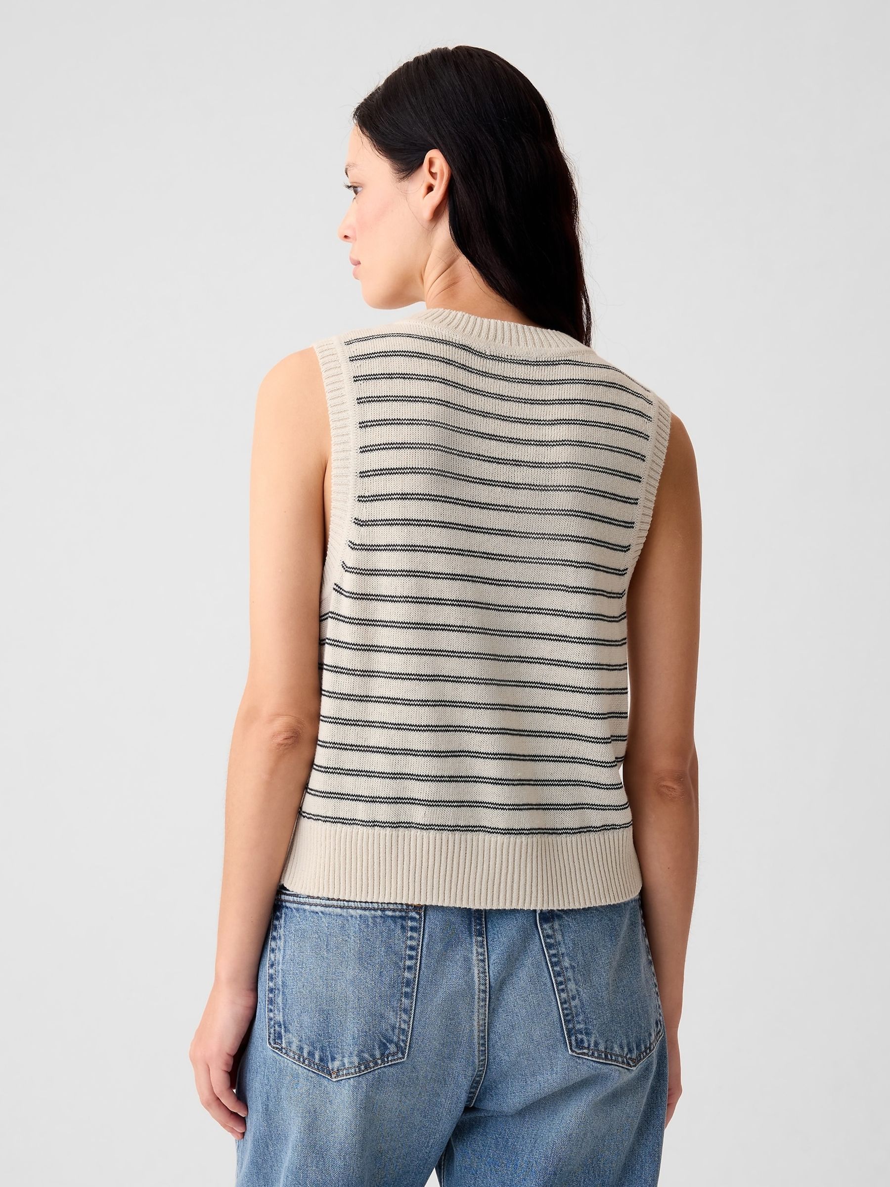 Beige/Neutral Stripe Linen Blend Soft Knitted Waistcoat - Image 2 of 5