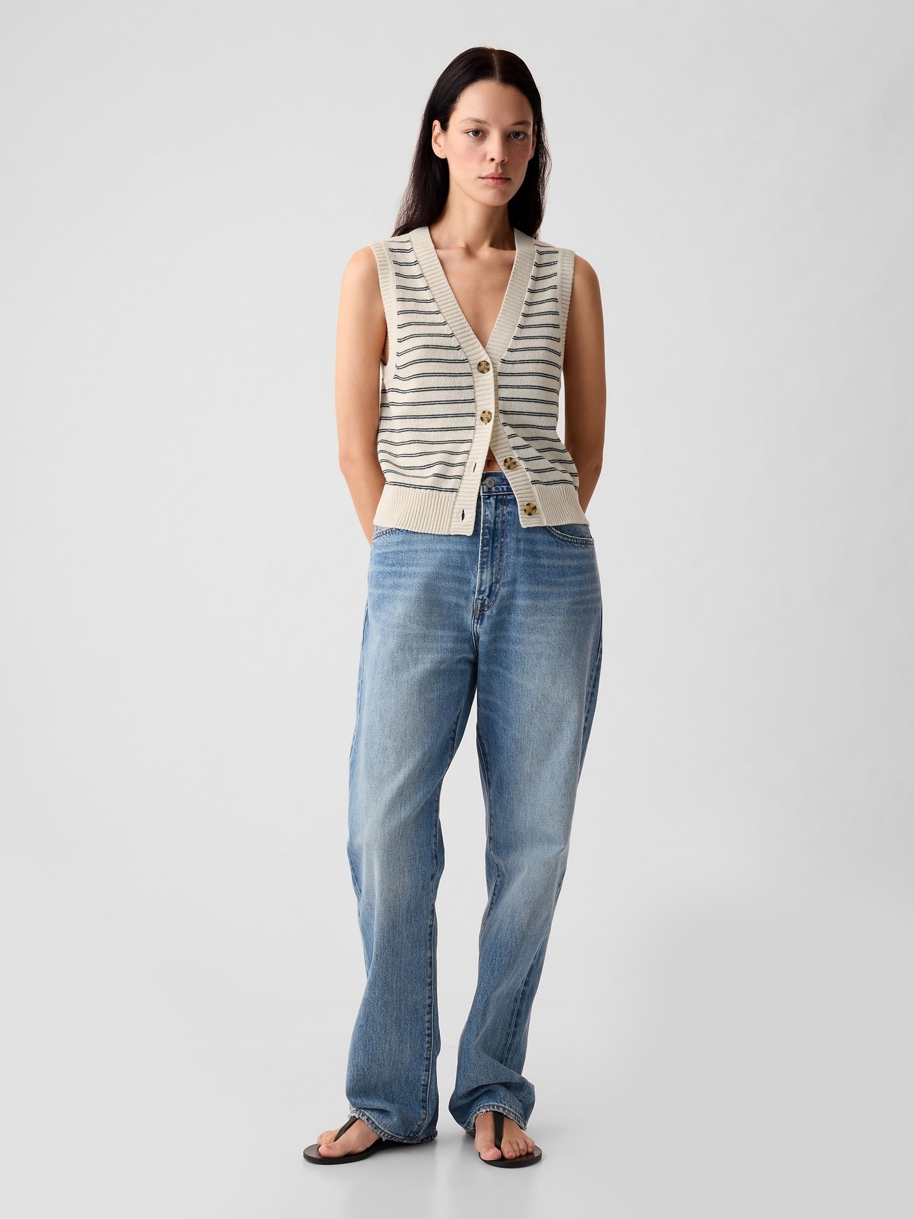 Beige/Neutral Stripe Linen Blend Soft Knitted Waistcoat - Image 3 of 5