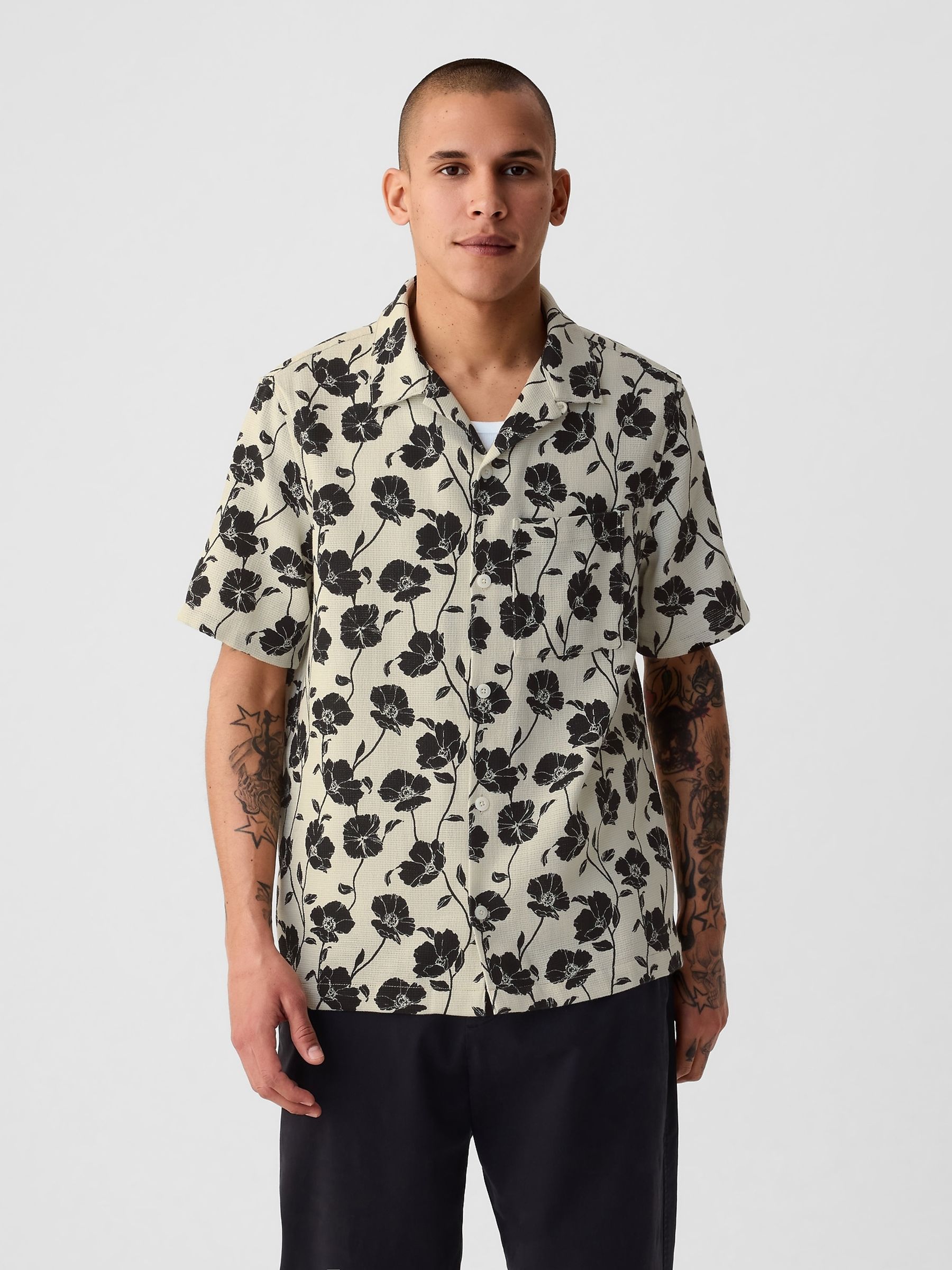 Neutral/Black Textured Resort Short Sleeve Shirt - Image 1 of 4