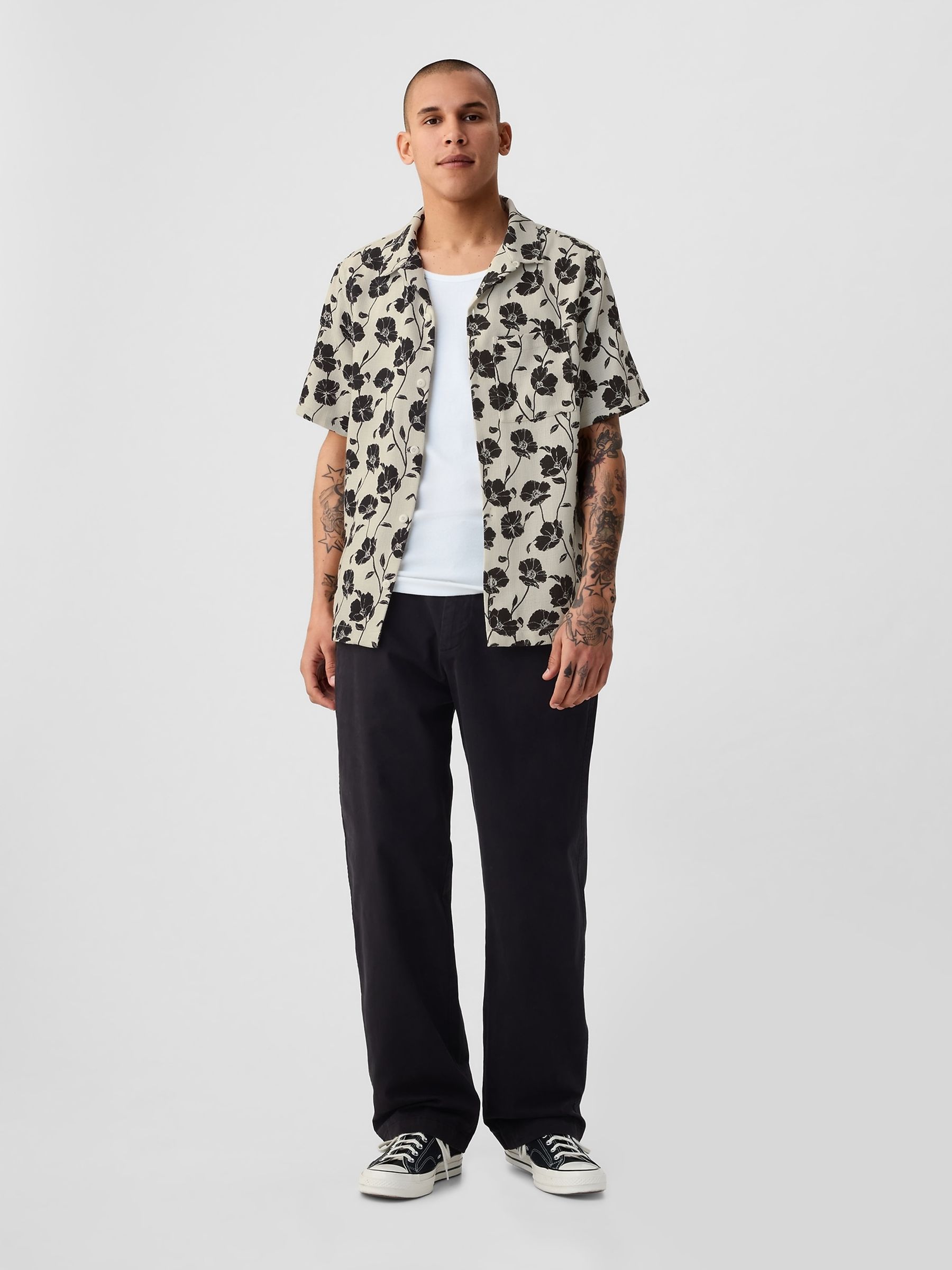 Neutral/Black Textured Resort Short Sleeve Shirt - Image 3 of 4