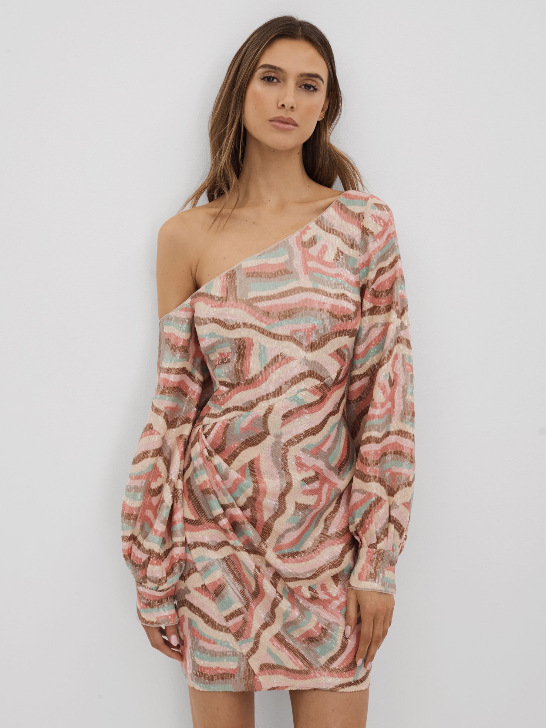 Halston Off-The-Shoulder Sequin Mini Dress in White Print - Image 1 of 6