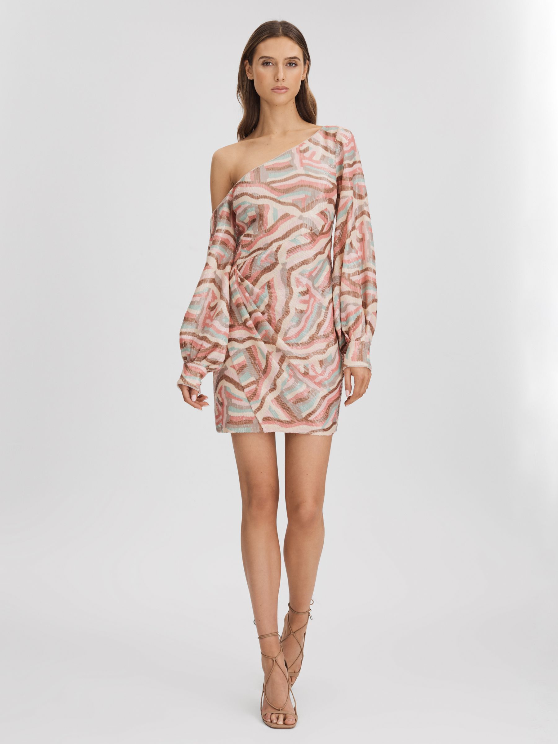 Halston Off-The-Shoulder Sequin Mini Dress in White Print - Image 3 of 6