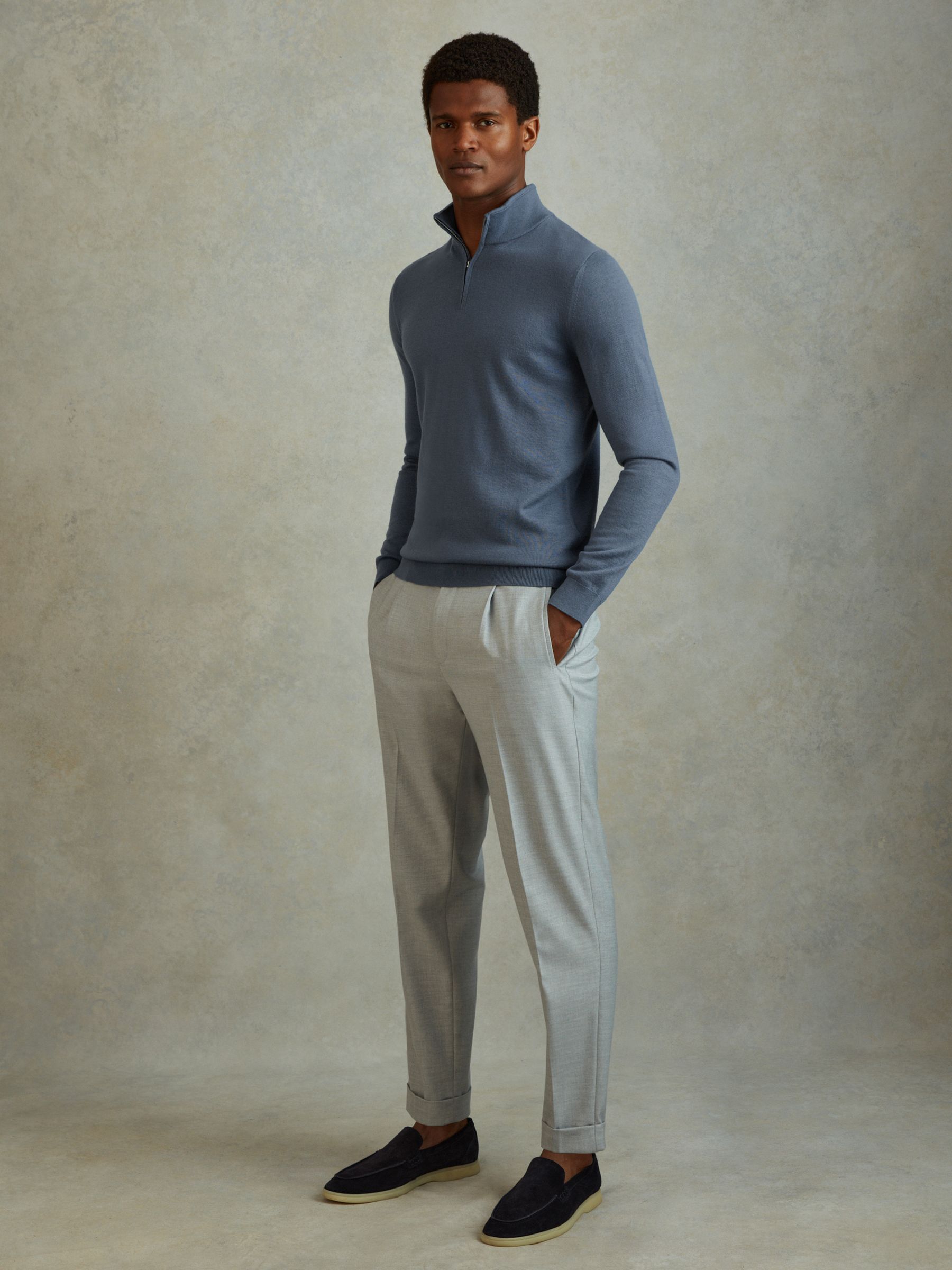 Merino Wool Half-Zip Polo Shirt in Airforce Blue - Image 3 of 6