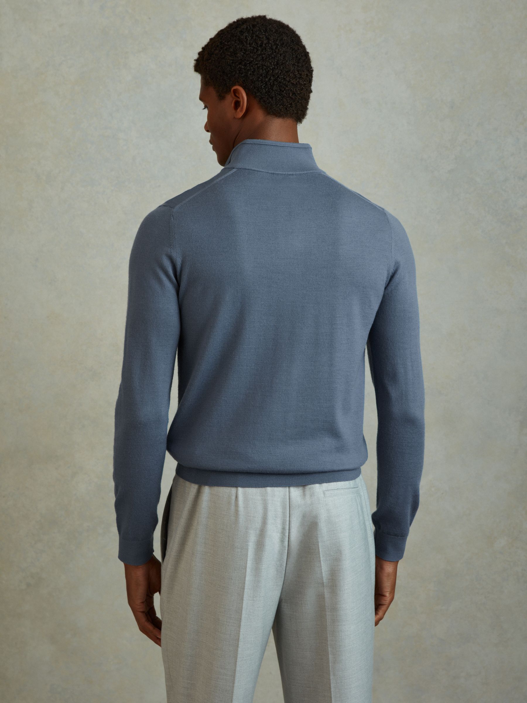 Merino Wool Half-Zip Polo Shirt in Airforce Blue - Image 5 of 6