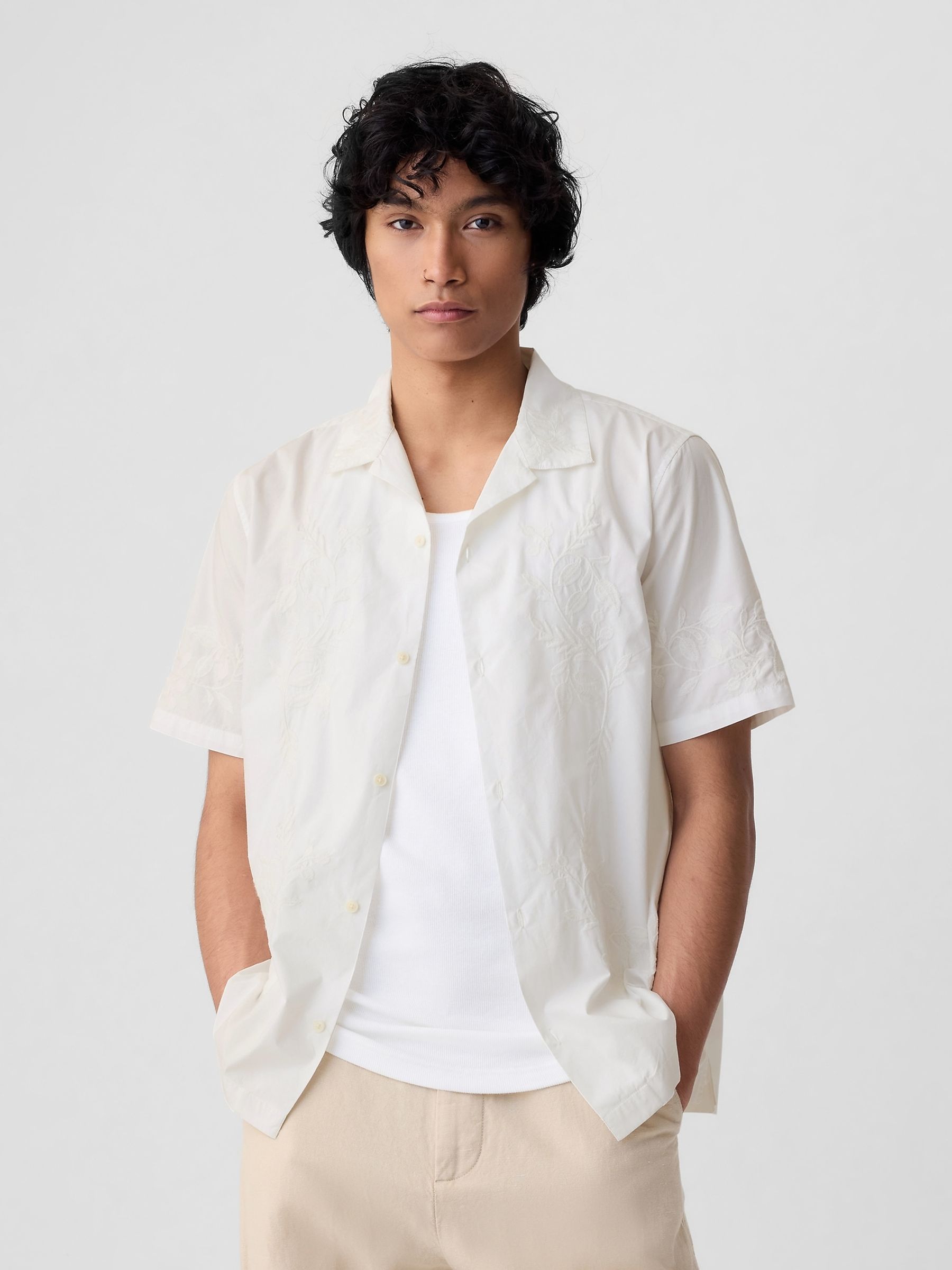 White Cotton Embroidered Resort Shirt - Image 1 of 4