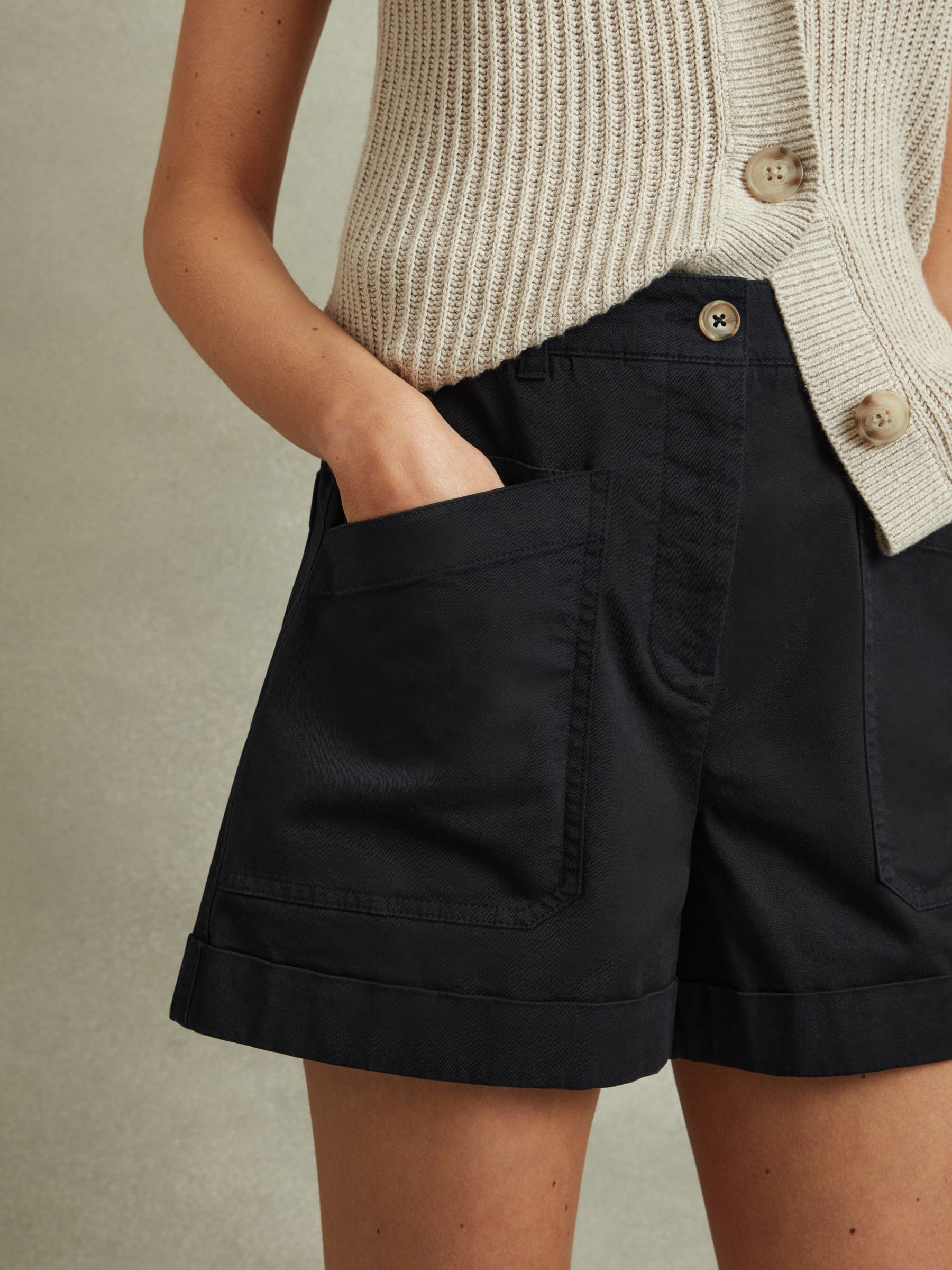 Cotton Blend Shorts with Turned-Up Hems in Navy - Image 3 of 5