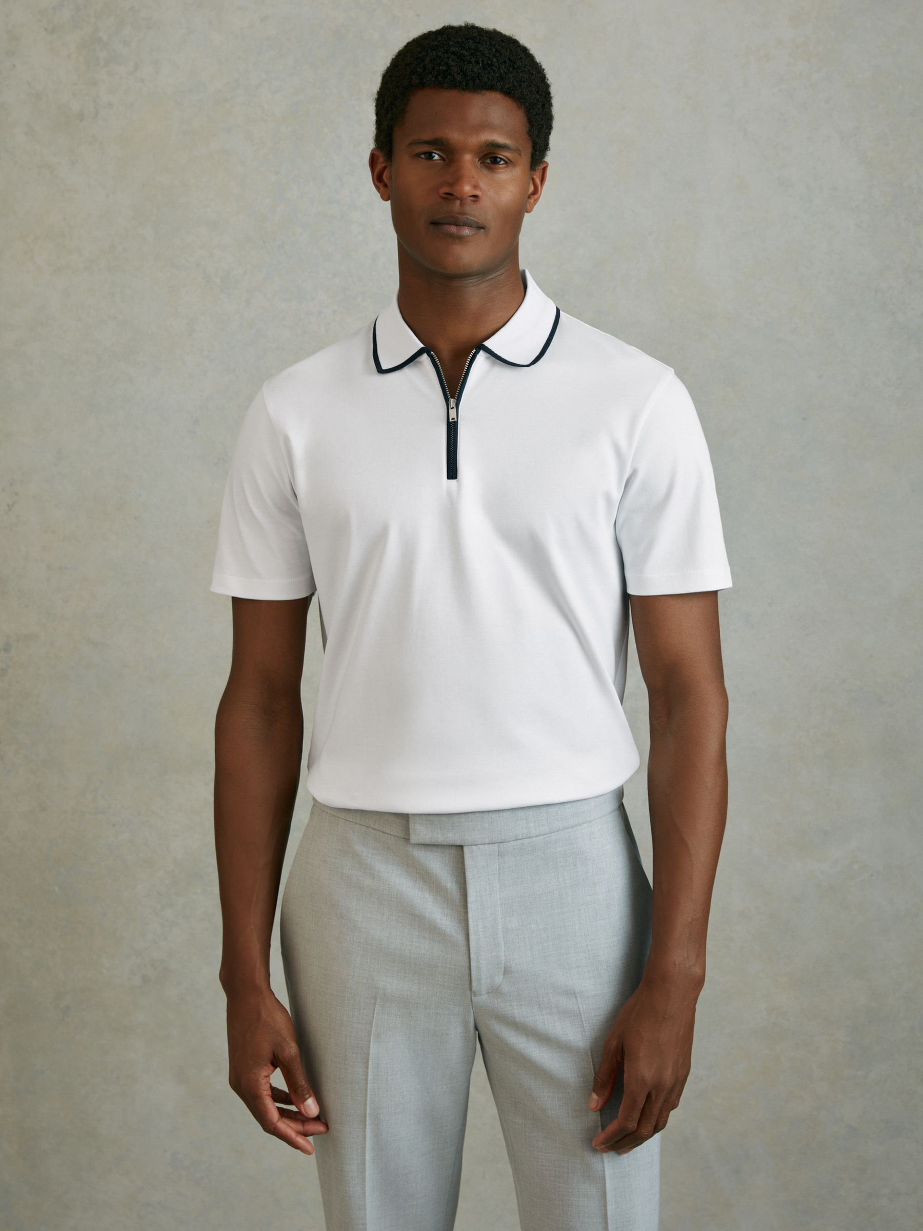 Cotton Contrast Collar Half-Zip Polo Shirt in White/Navy - Image 1 of 6