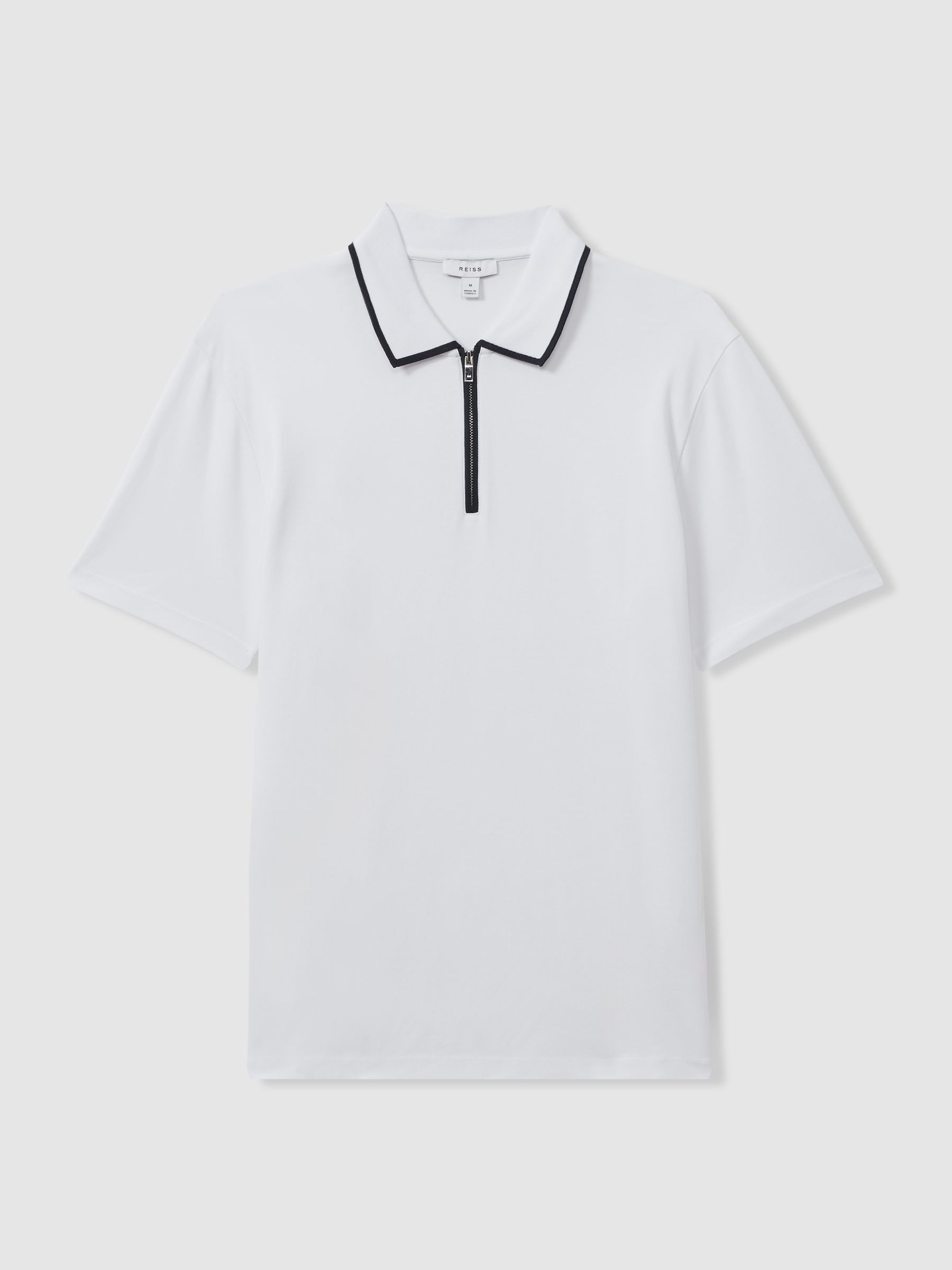 Cotton Contrast Collar Half-Zip Polo Shirt in White/Navy - Image 2 of 6