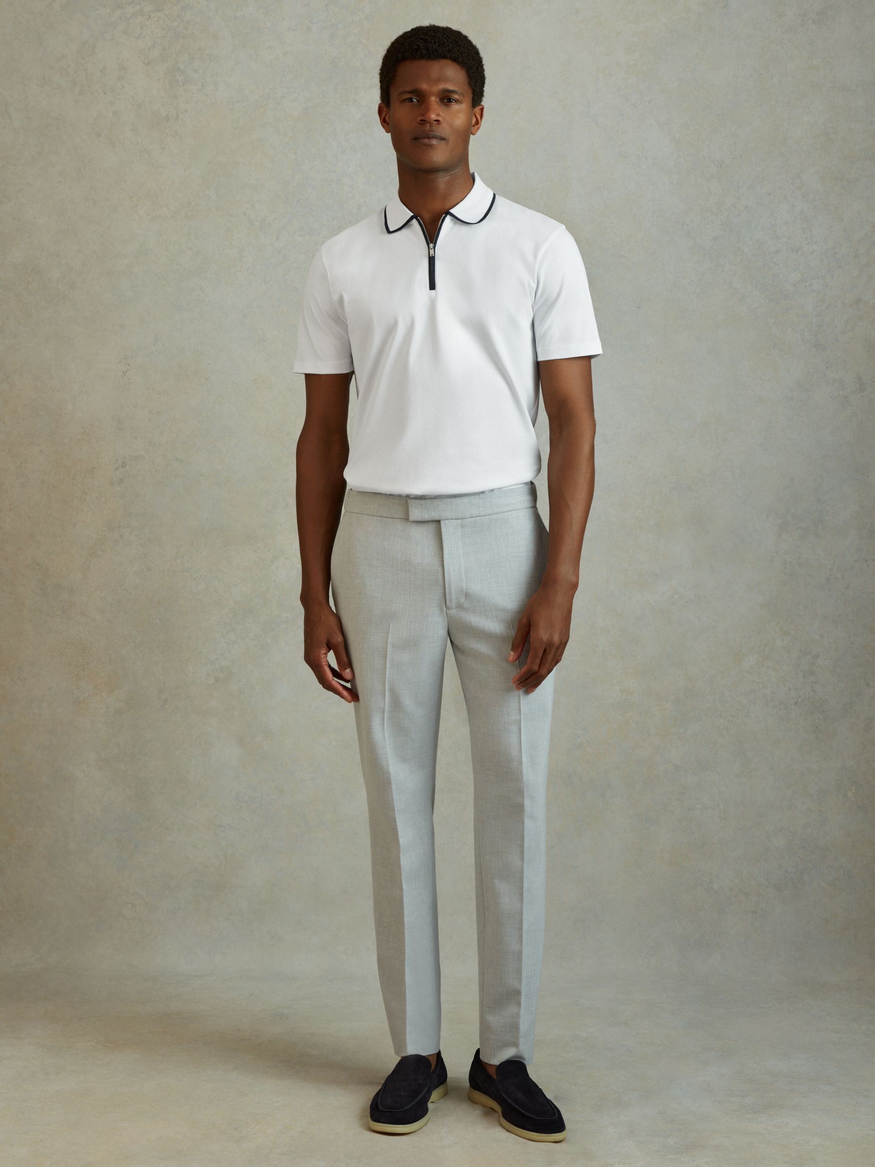 Cotton Contrast Collar Half-Zip Polo Shirt in White/Navy - Image 3 of 6