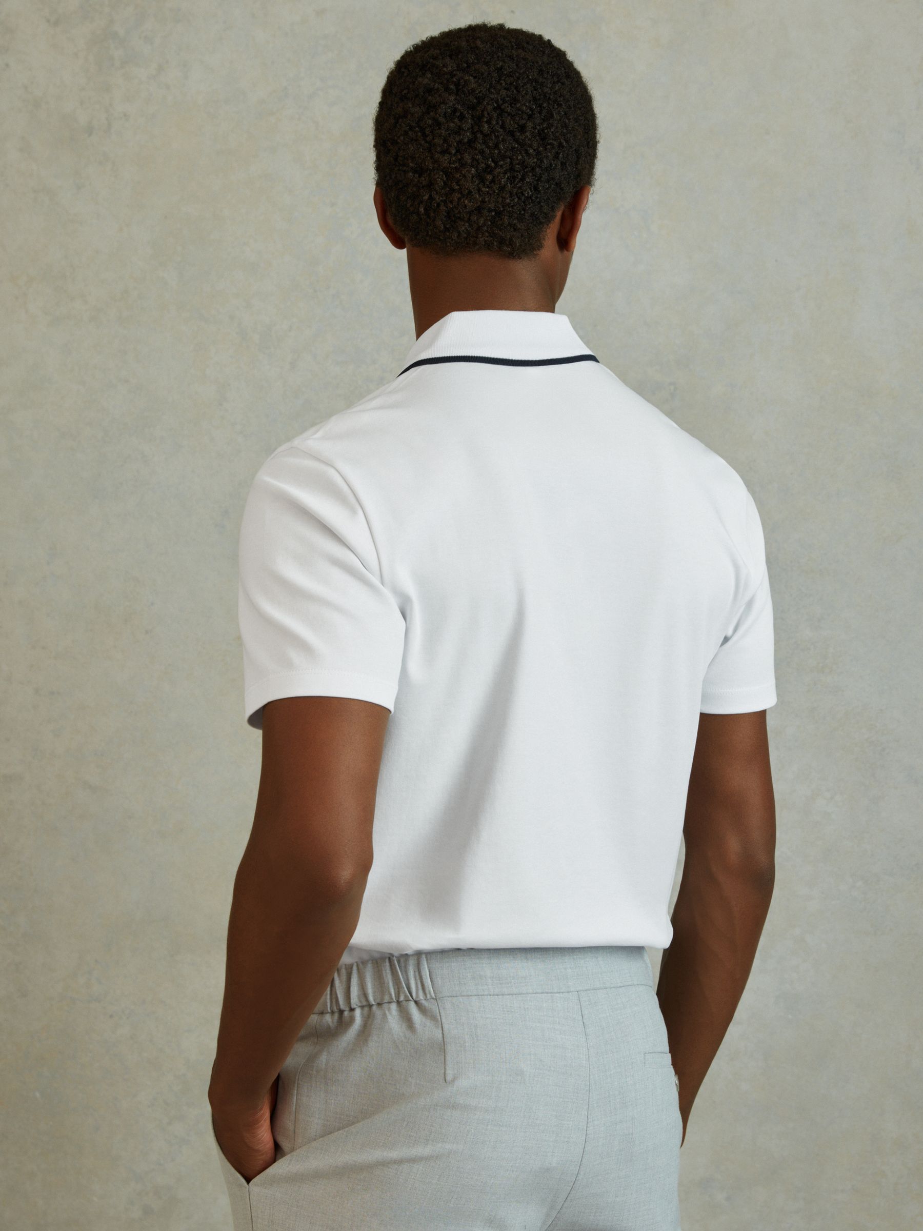 Cotton Contrast Collar Half-Zip Polo Shirt in White/Navy - Image 5 of 6