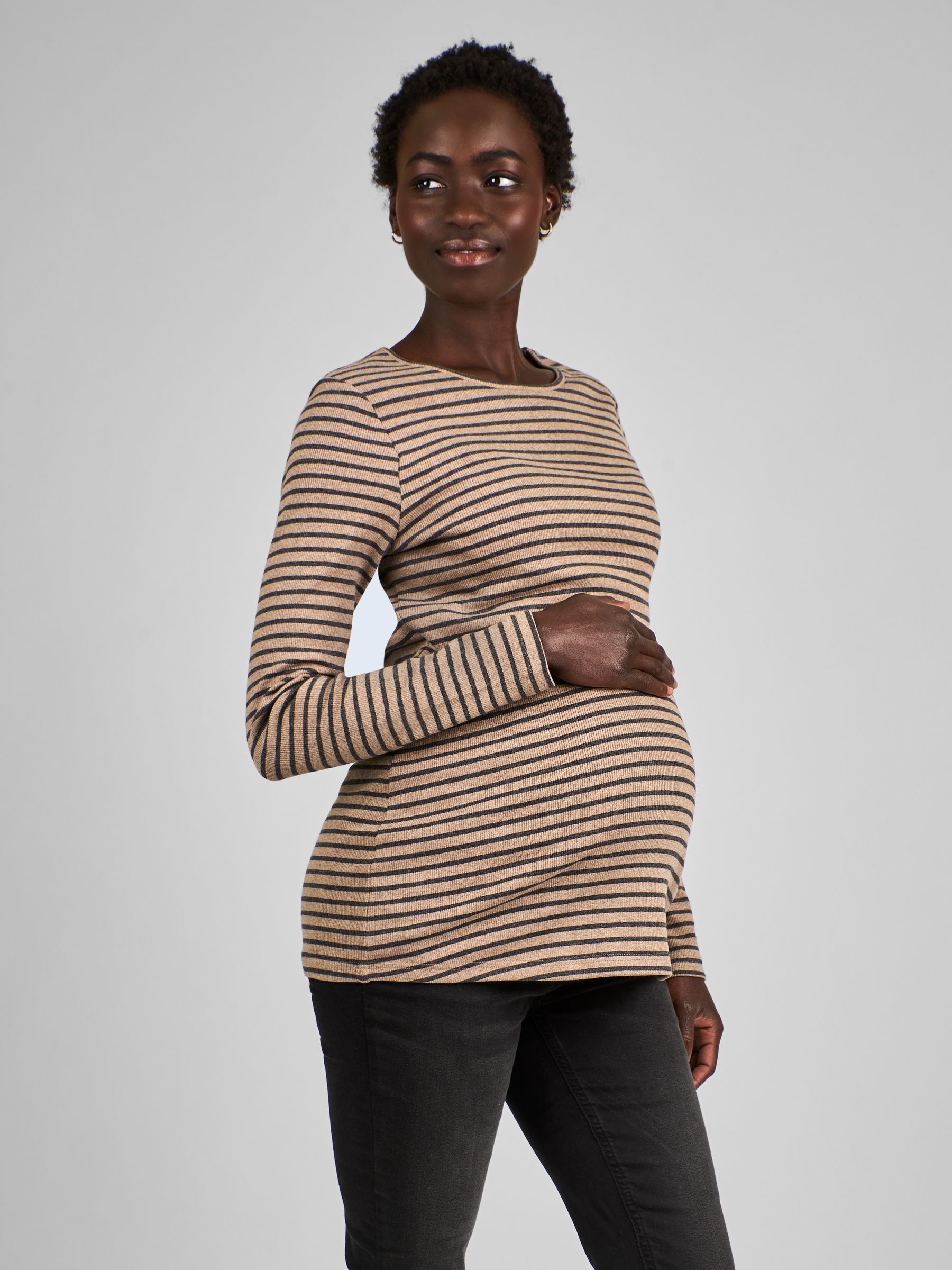 Oatmeal & Black Stripe Ribbed Jersey Maternity & Nursing Top - Image 1 of 4