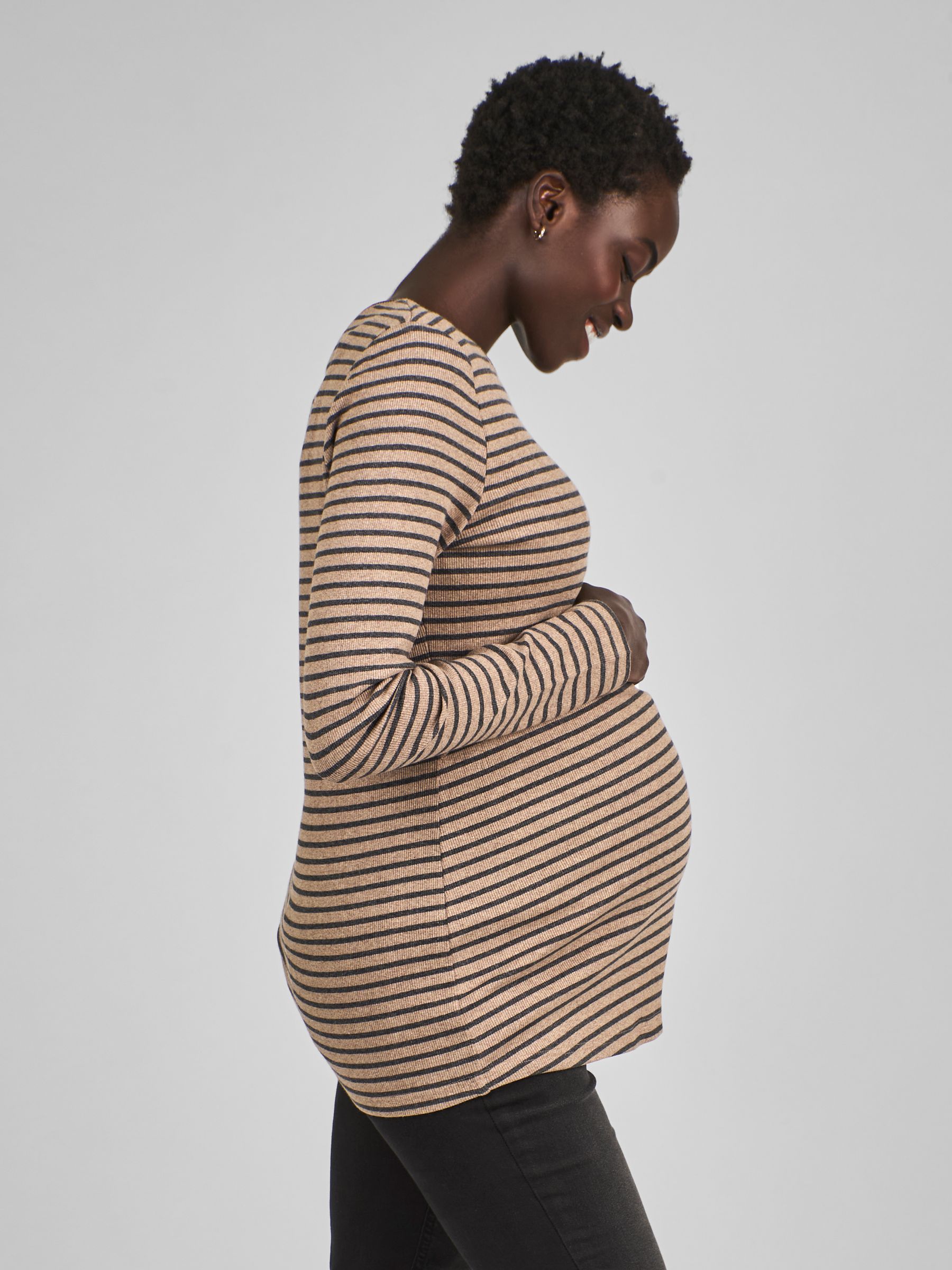 Oatmeal & Black Stripe Ribbed Jersey Maternity & Nursing Top - Image 2 of 4