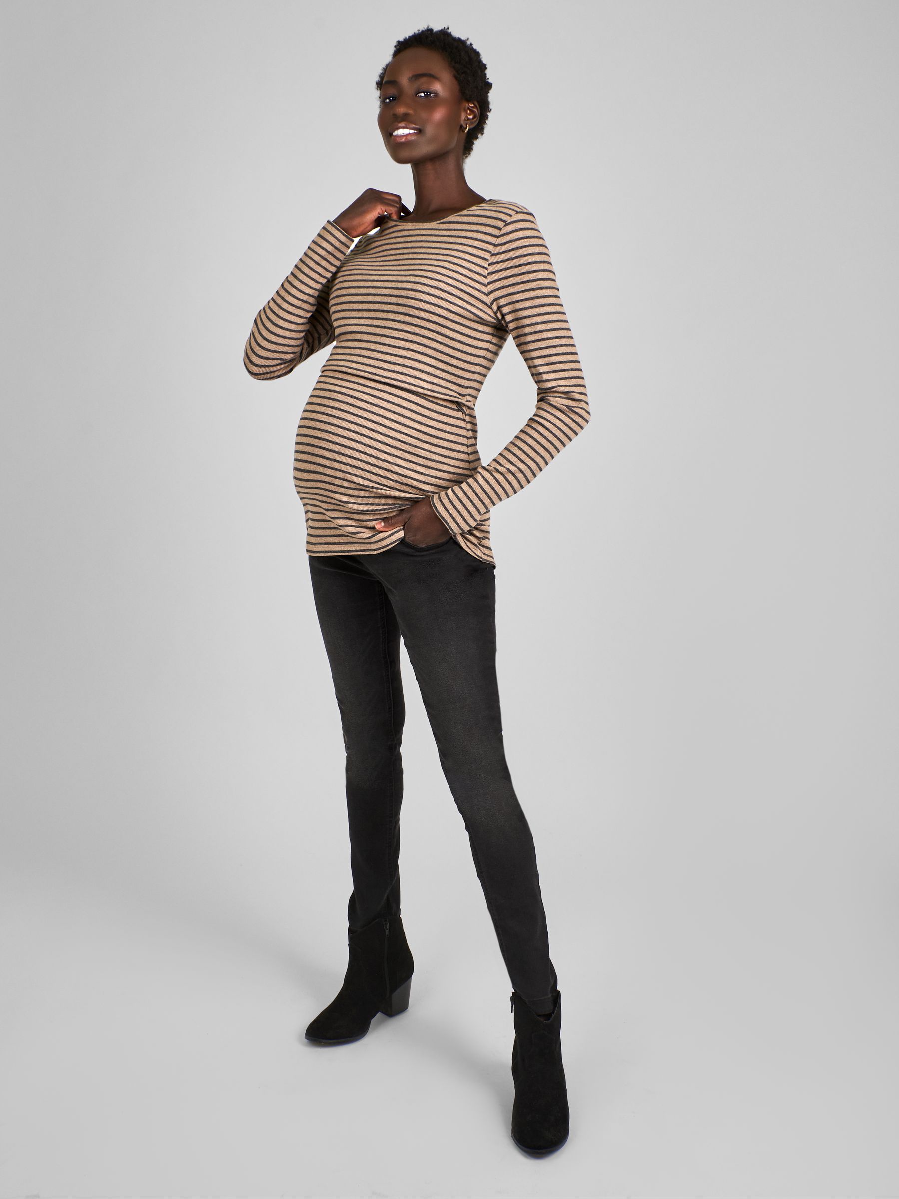 Oatmeal & Black Stripe Ribbed Jersey Maternity & Nursing Top - Image 3 of 4