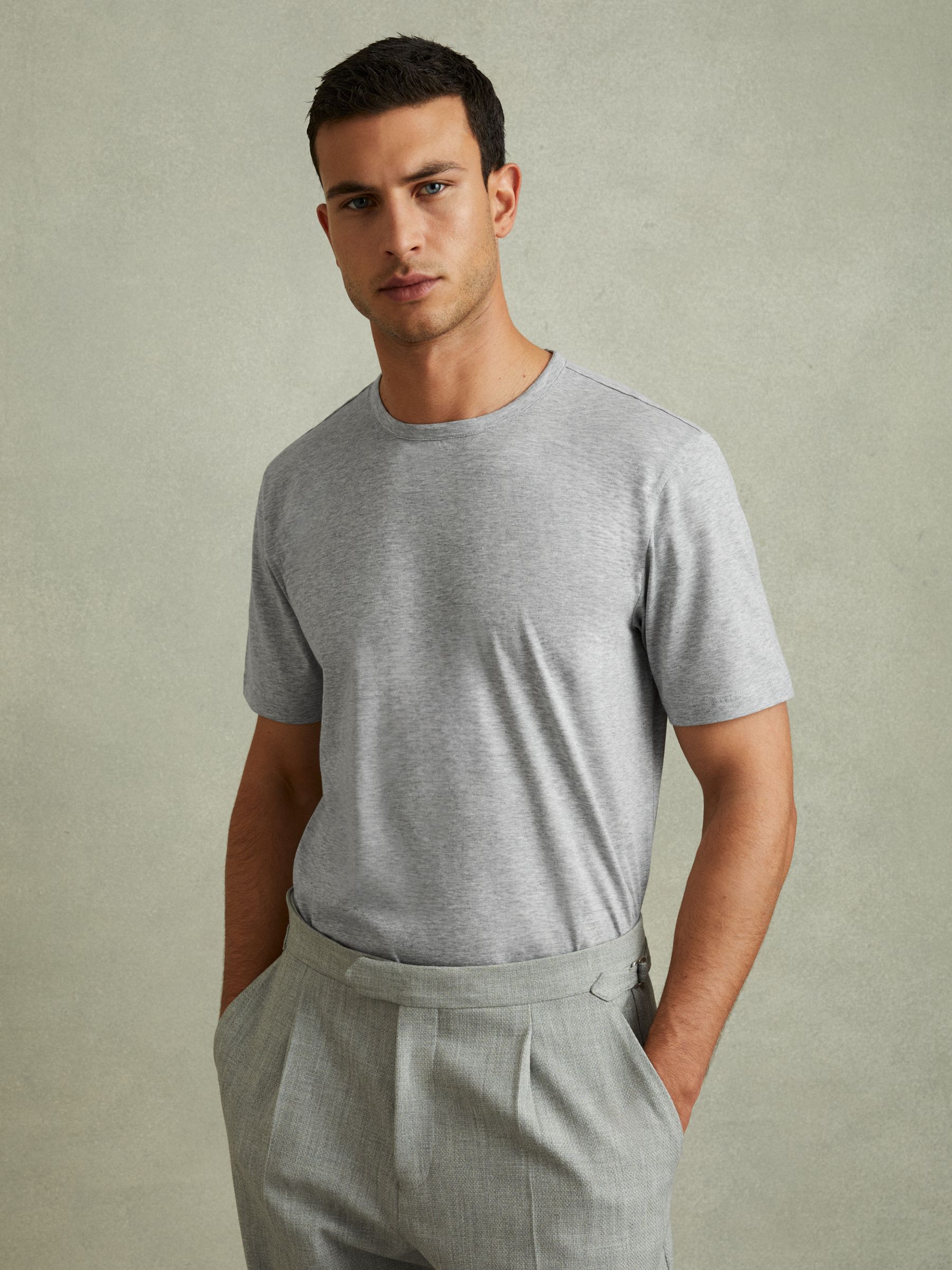 Mercerised Crew Neck T-shirt in Grey Melange - Image 1 of 5