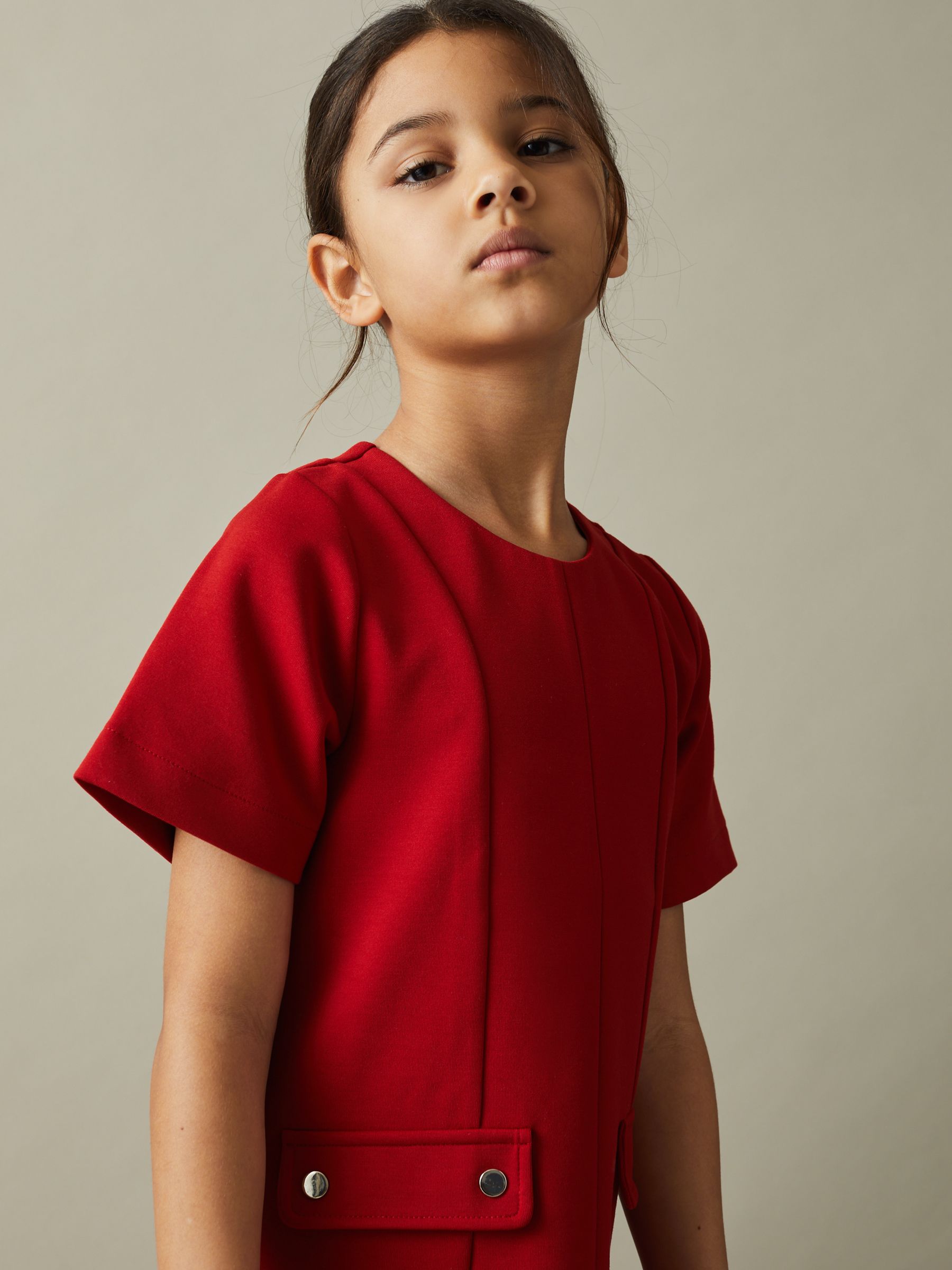 9-13 yrs Fit-and-Flare Pocket Detail Dress in Red - Image 4 of 5
