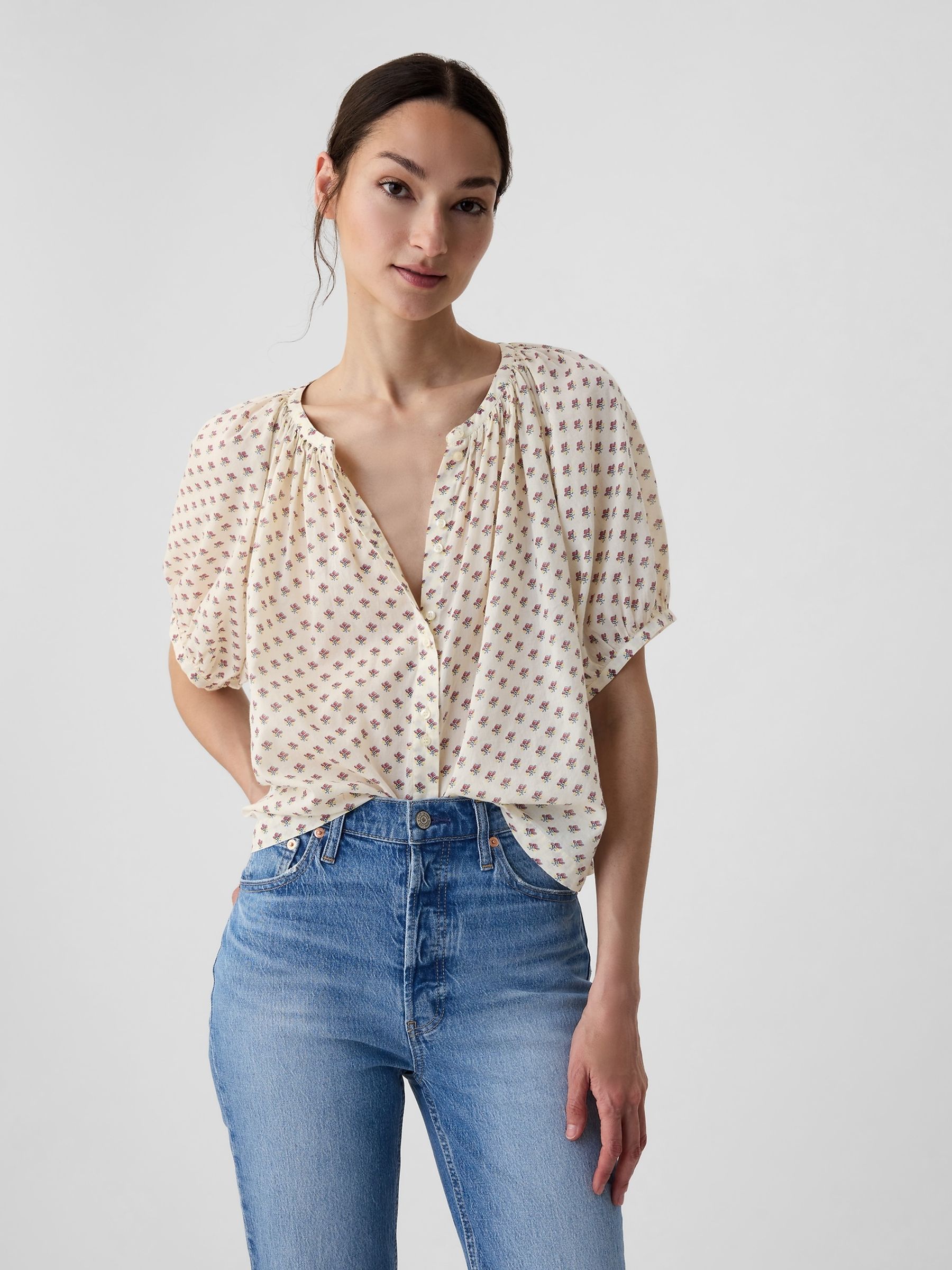 Cream DÔEN Floral Short Sleeve Blouse - Image 1 of 5