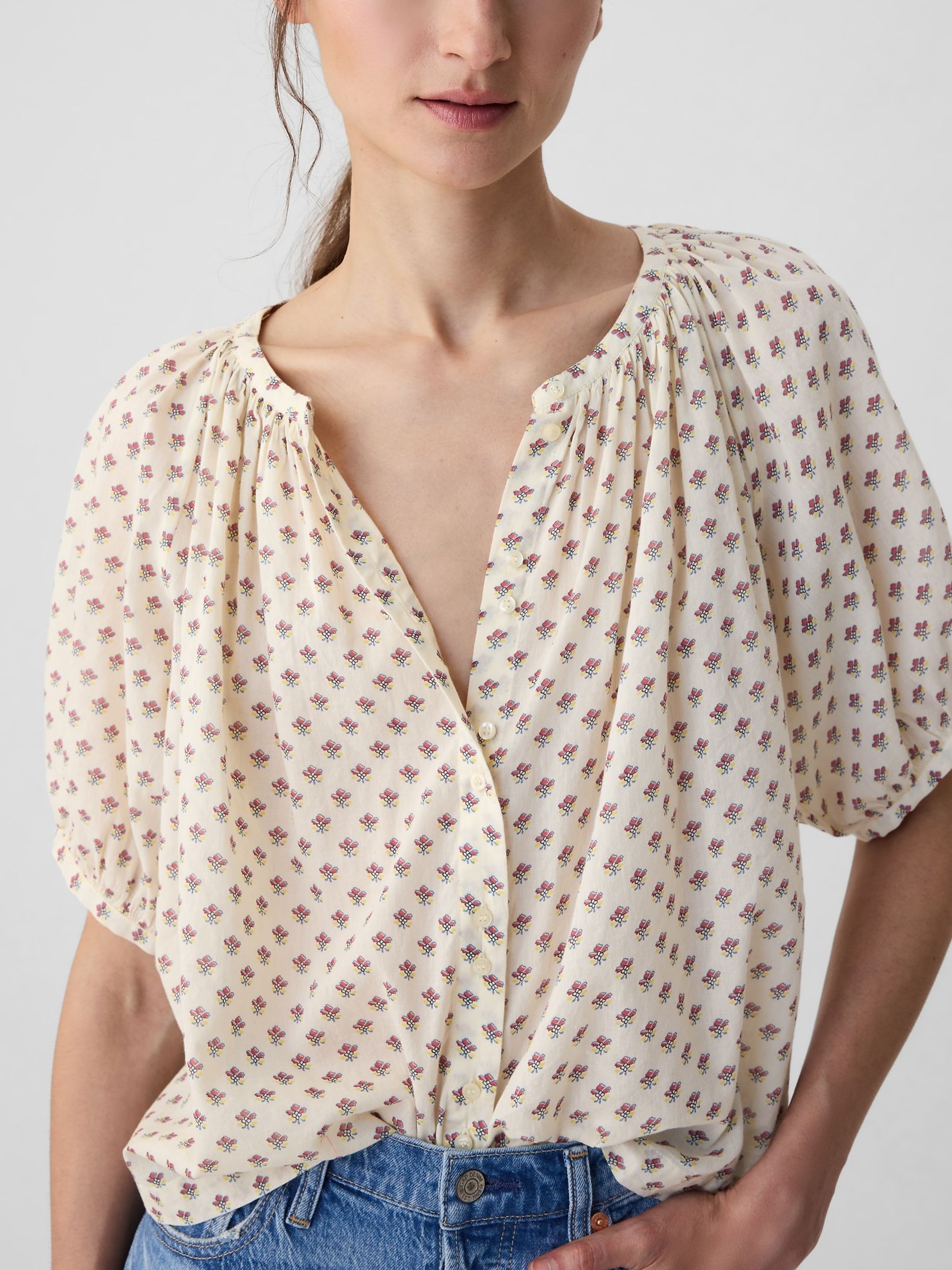 Cream DÔEN Floral Short Sleeve Blouse - Image 4 of 5