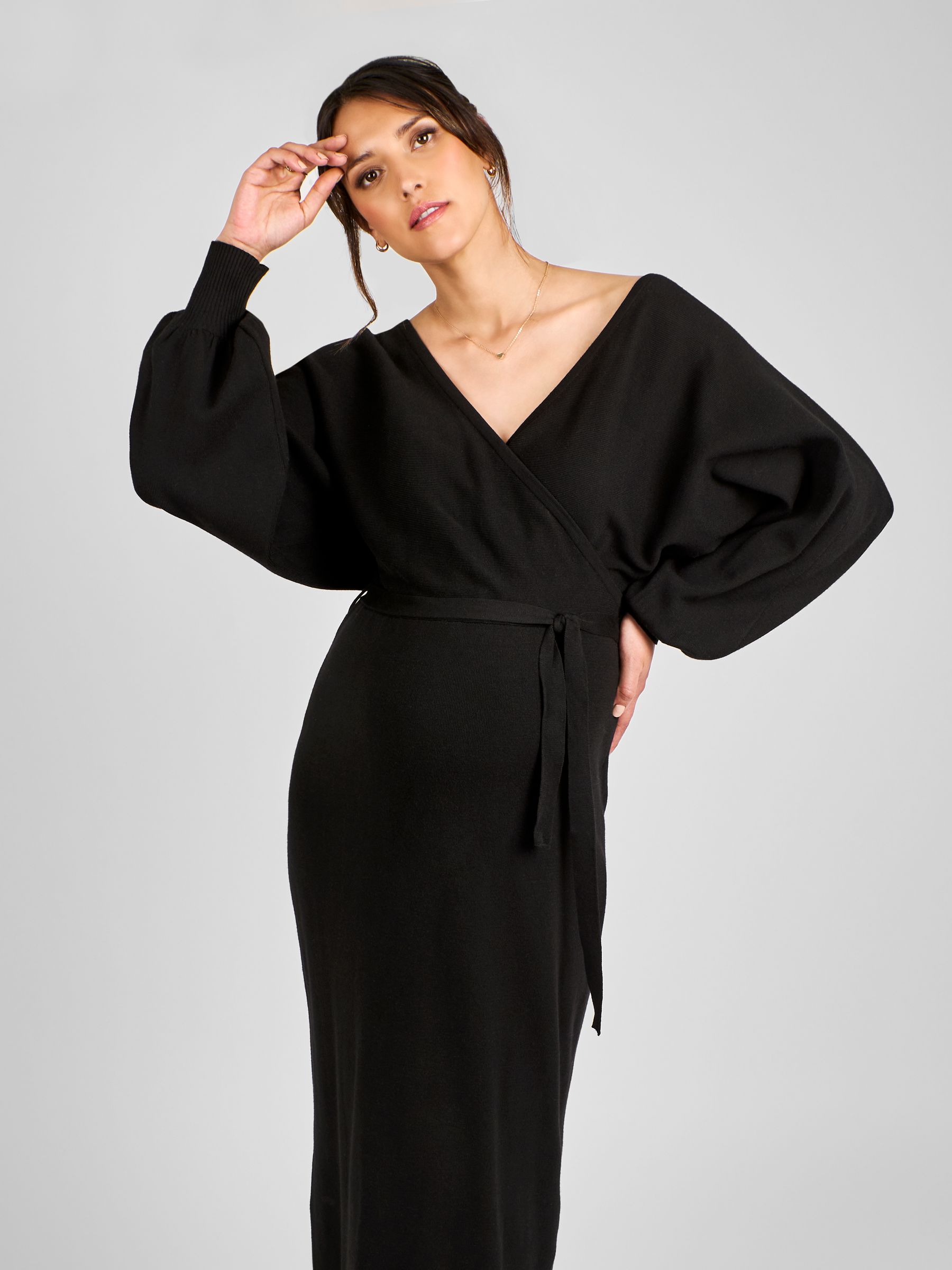 Black Knitted Blouson Sleeve V-Neck Maternity Dress - Image 1 of 4