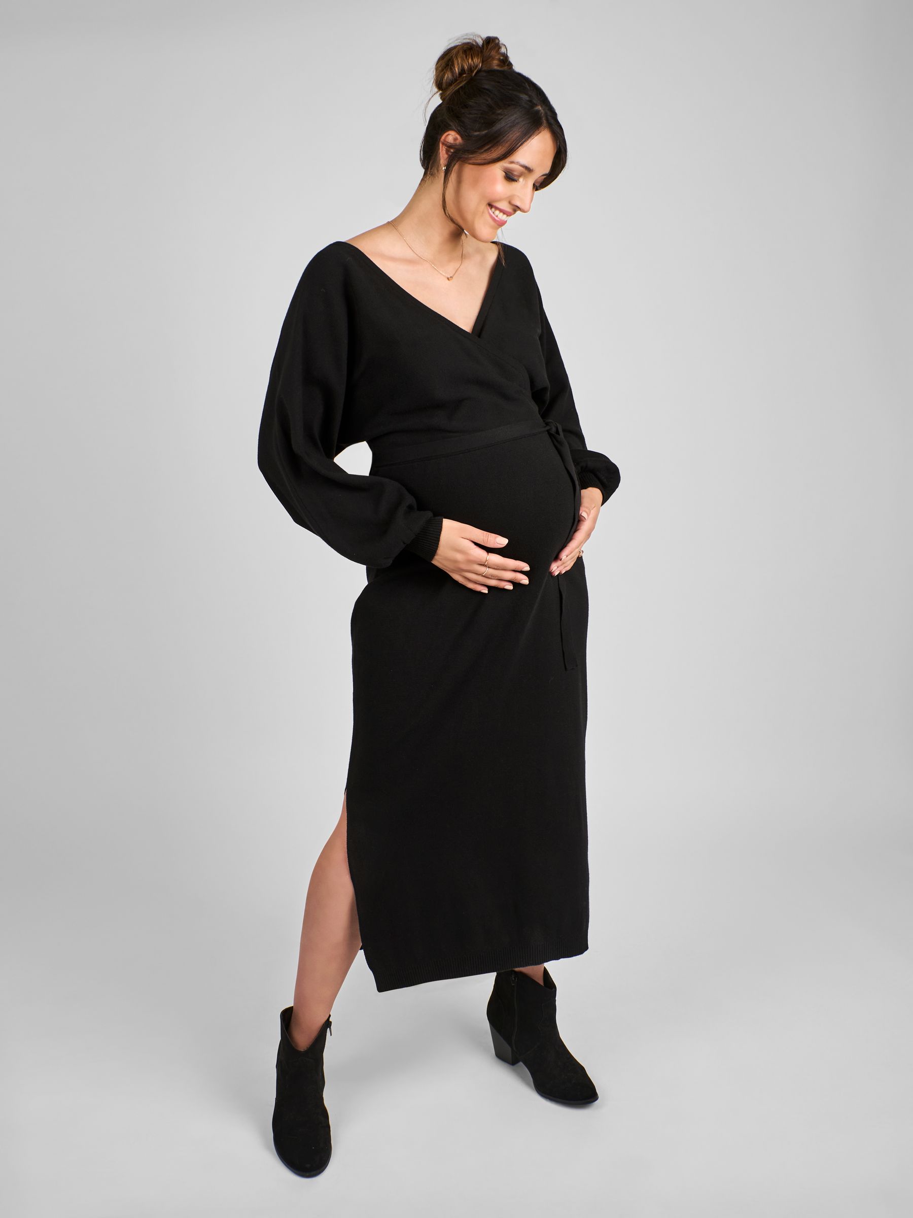 Black Knitted Blouson Sleeve V-Neck Maternity Dress - Image 2 of 4