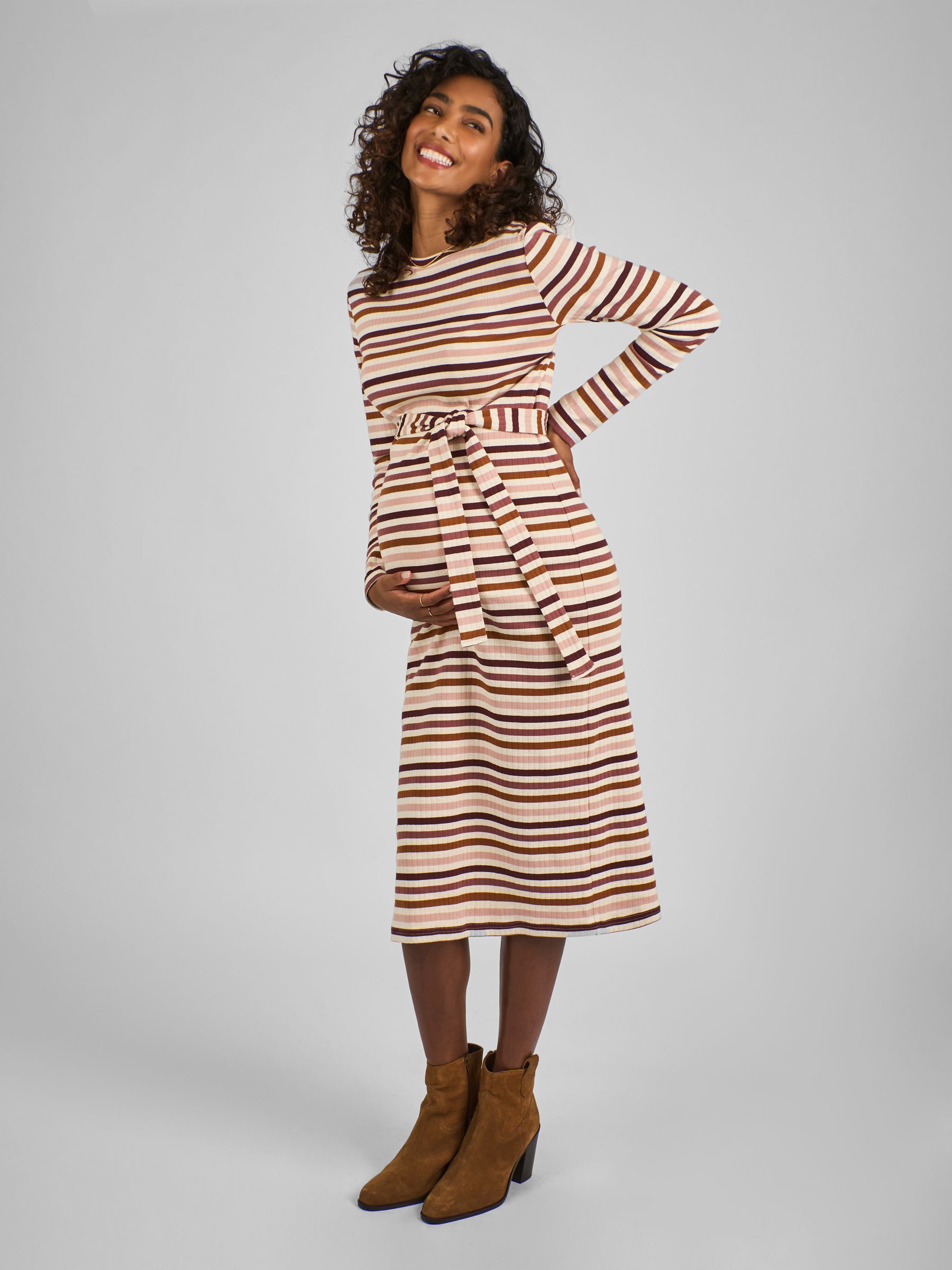 Oatmeal Stripe Ribbed Jersey Maternity Dress - Image 2 of 5