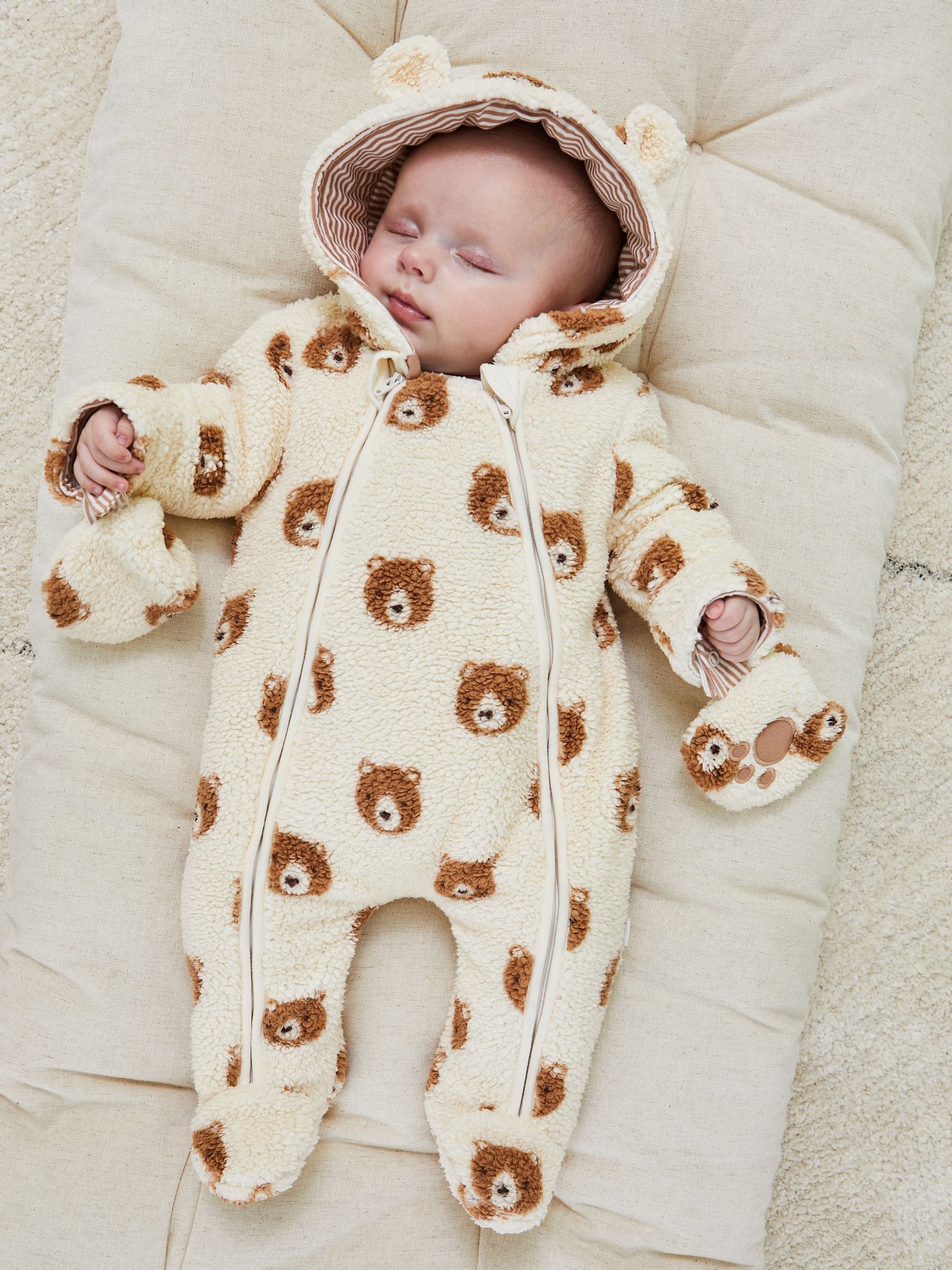 Cream Bear Print Cosy Pramsuit JoJo Maman Bébé