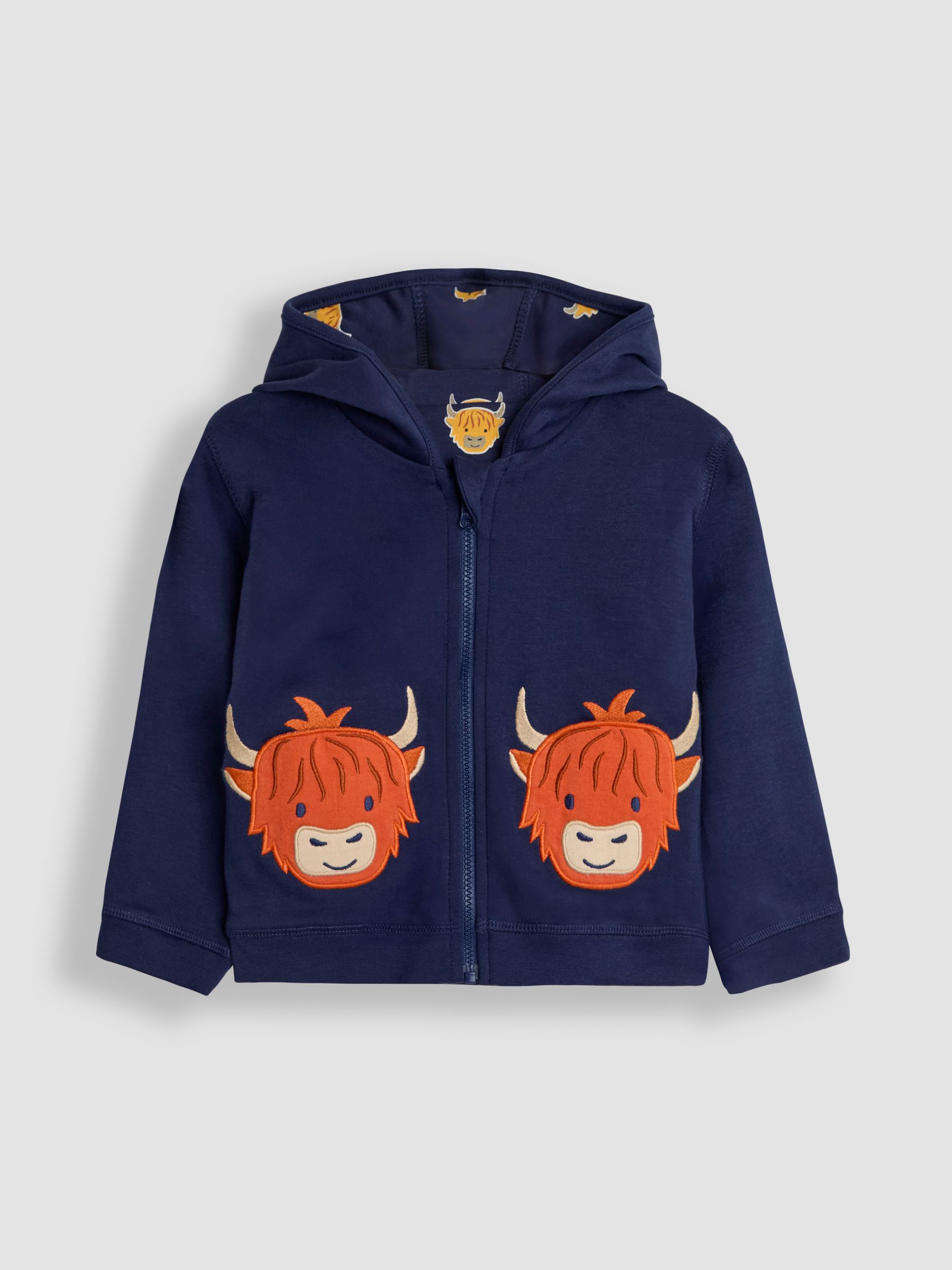 Navy Blue & Orange Highland Cow Appliqué Reversible Hoodie - Image 2 of 8