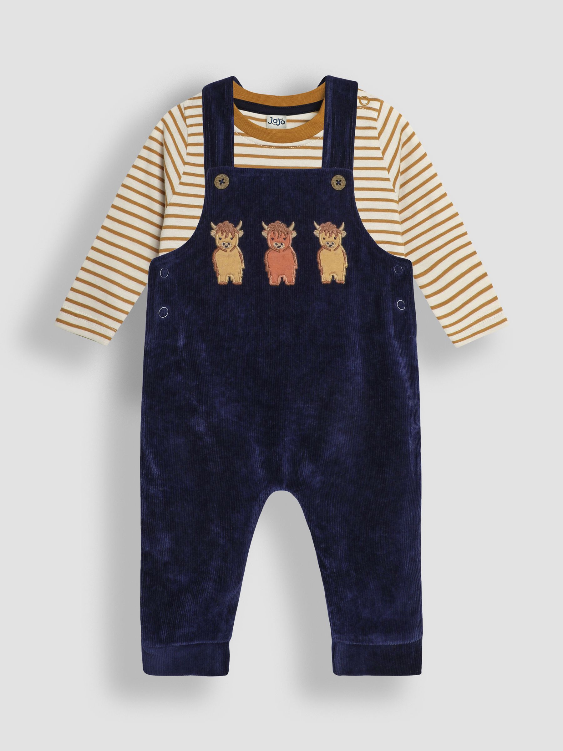 Navy Blue Highland Cow Appliqué Velour Dungarees And Top Set - Image 1 of 6