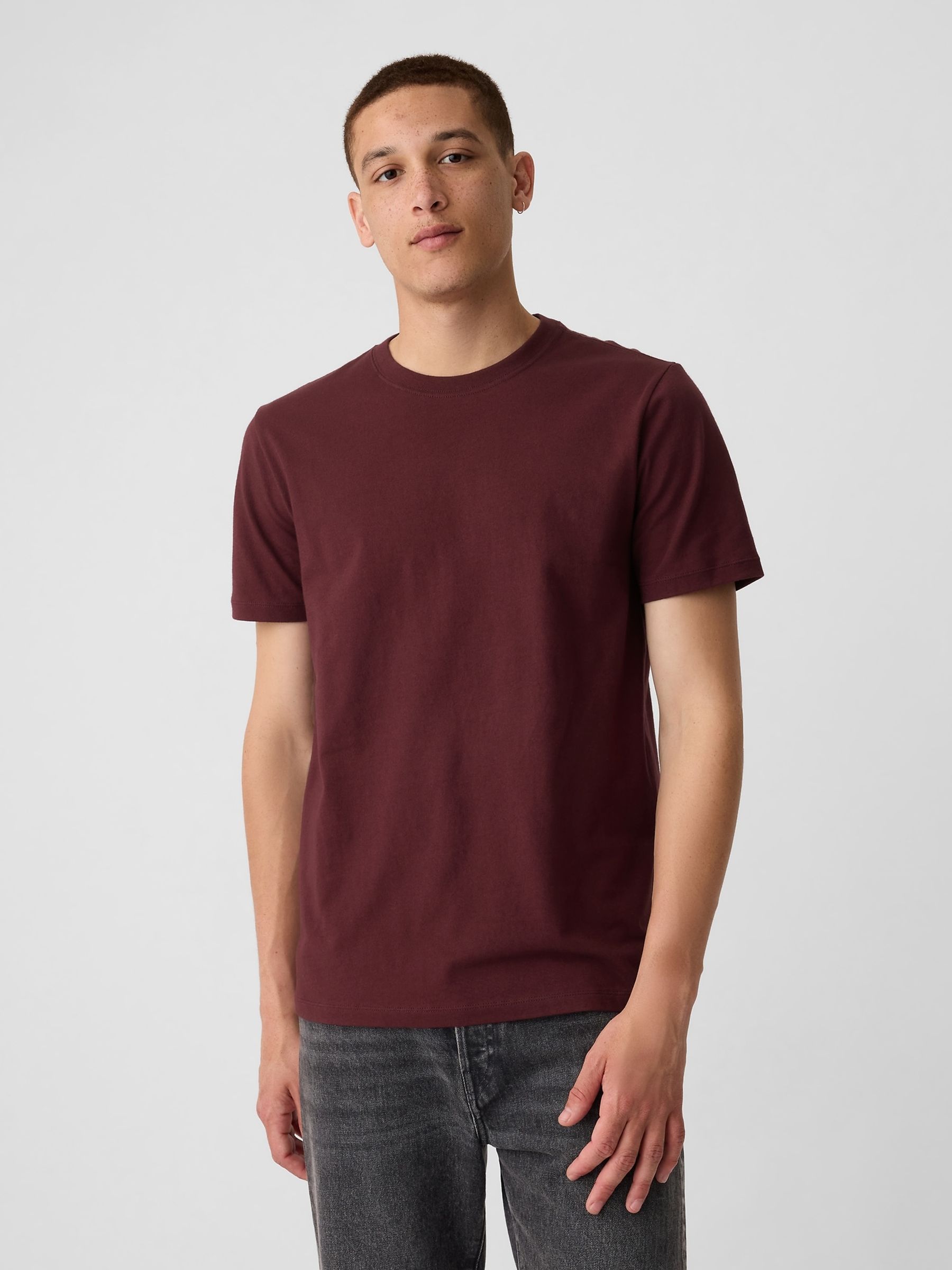 Burgundy Red Short Sleeve Everyday 100% Cotton Crew Neck Long Sleeve T-Shirt - Image 1 of 4