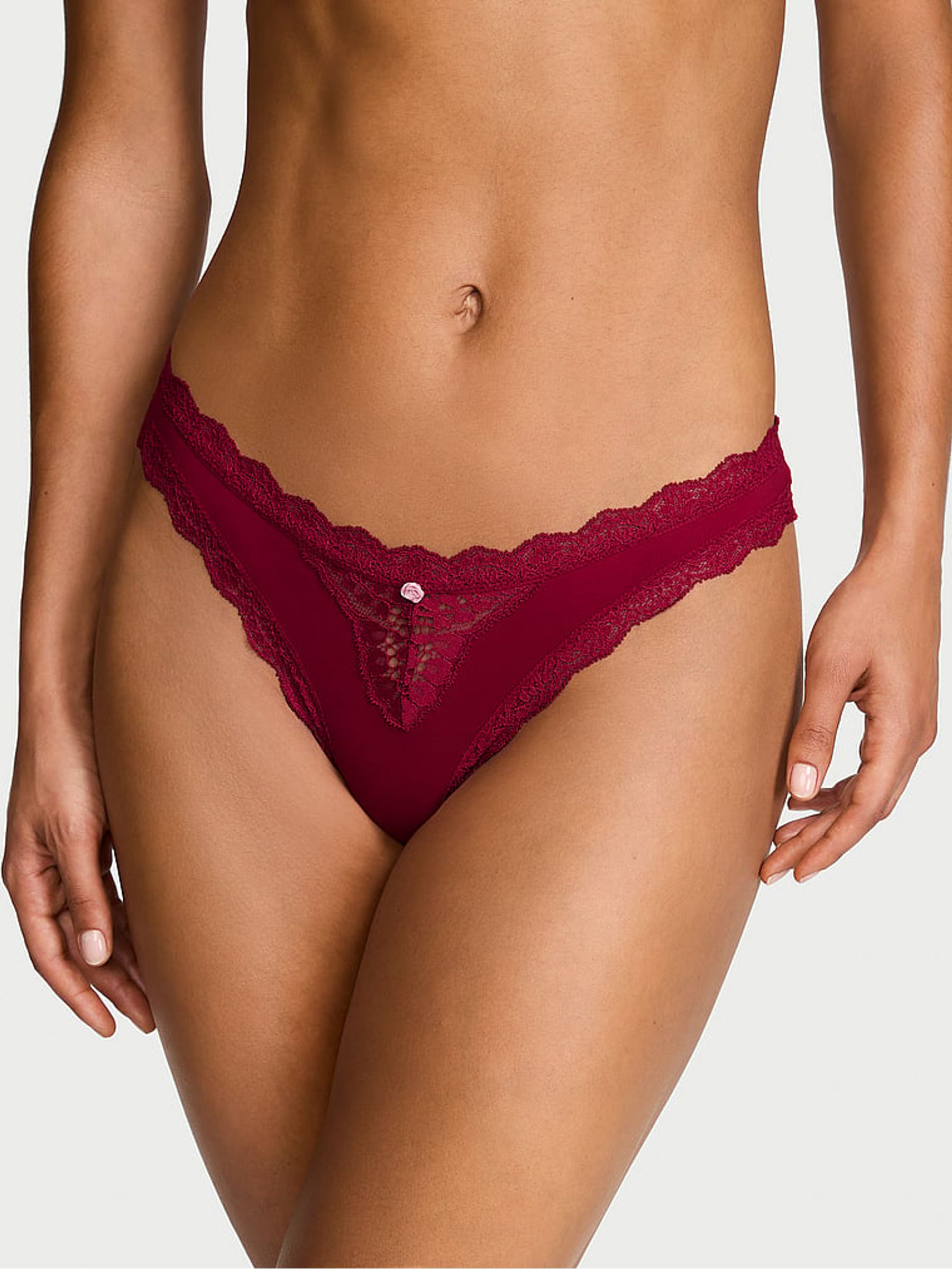 Red Lacquer Lace Trim Thong Knickers - Image 1 of 2